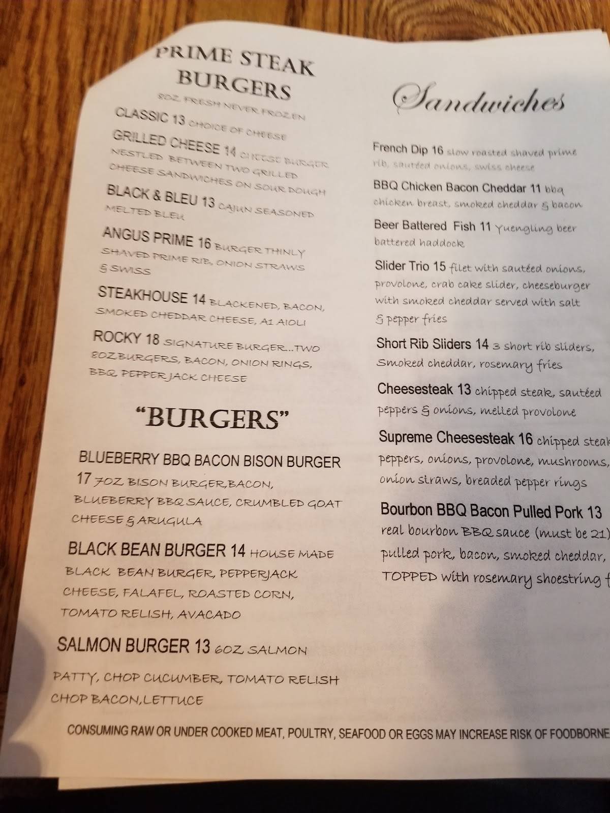 Menu at Rocky Grill restaurant, Brockway