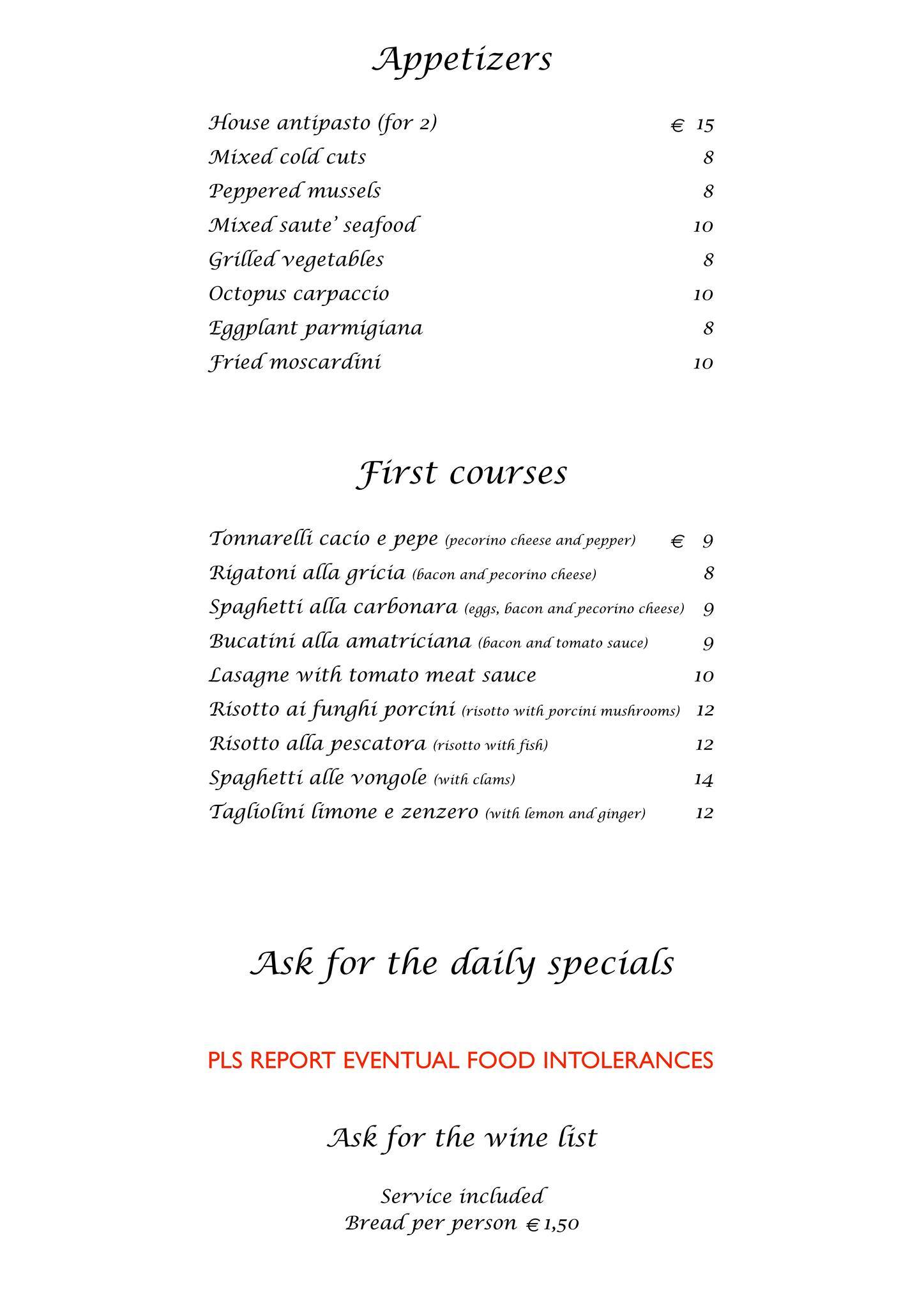 Menu di Trattoria Pizzeria Micci 