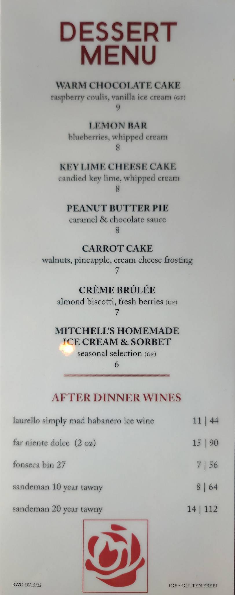 Menu at Rosewood Grill Hudson desserts, Hudson
