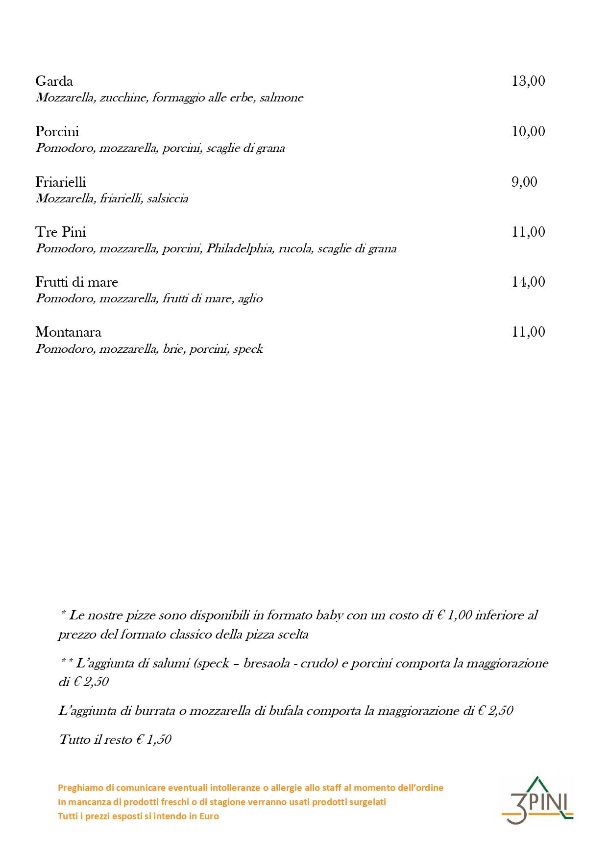 Menu di Ristorante Pizzeria Bar Tre Pini 