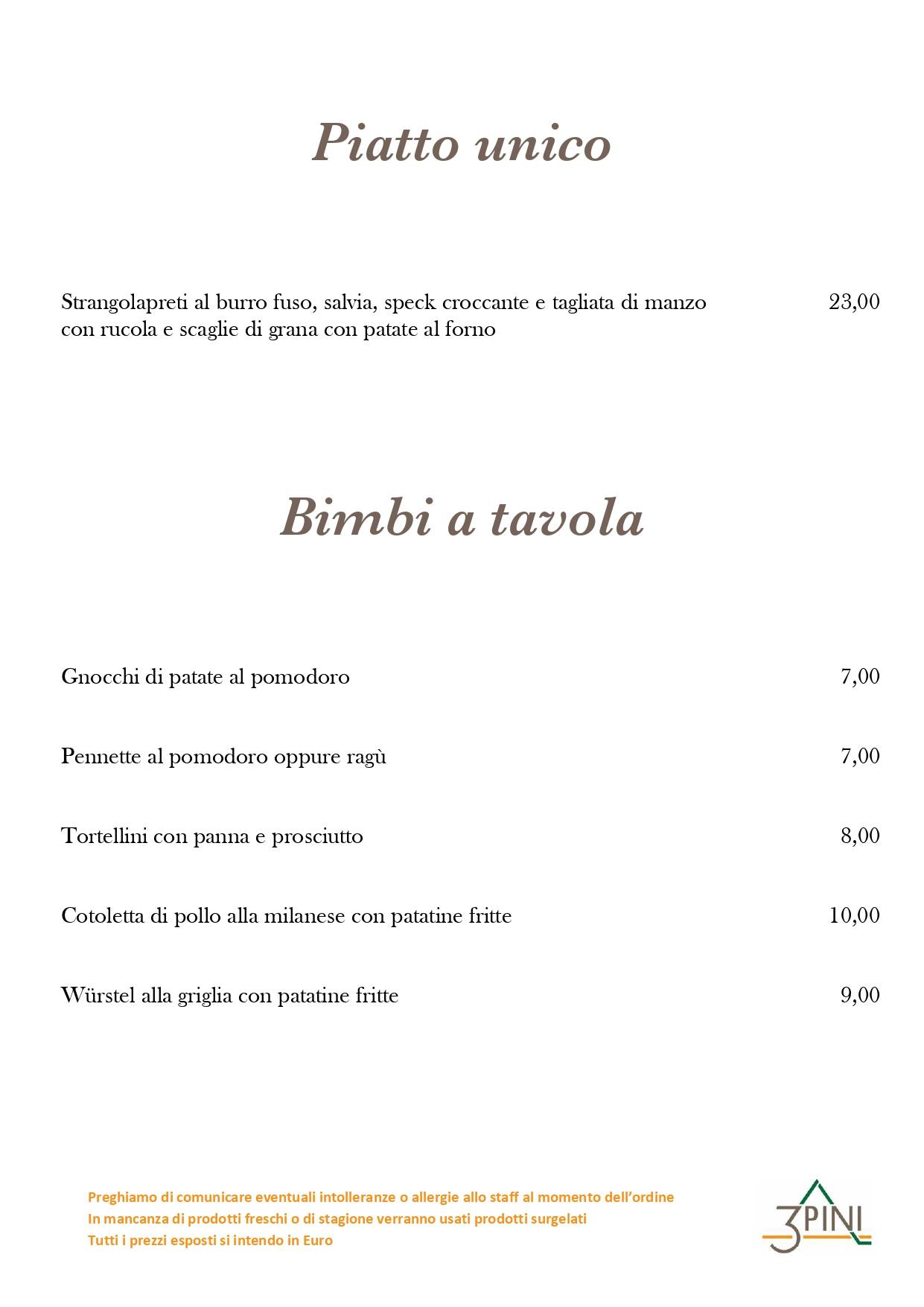 Menu di Ristorante Pizzeria Bar Tre Pini 