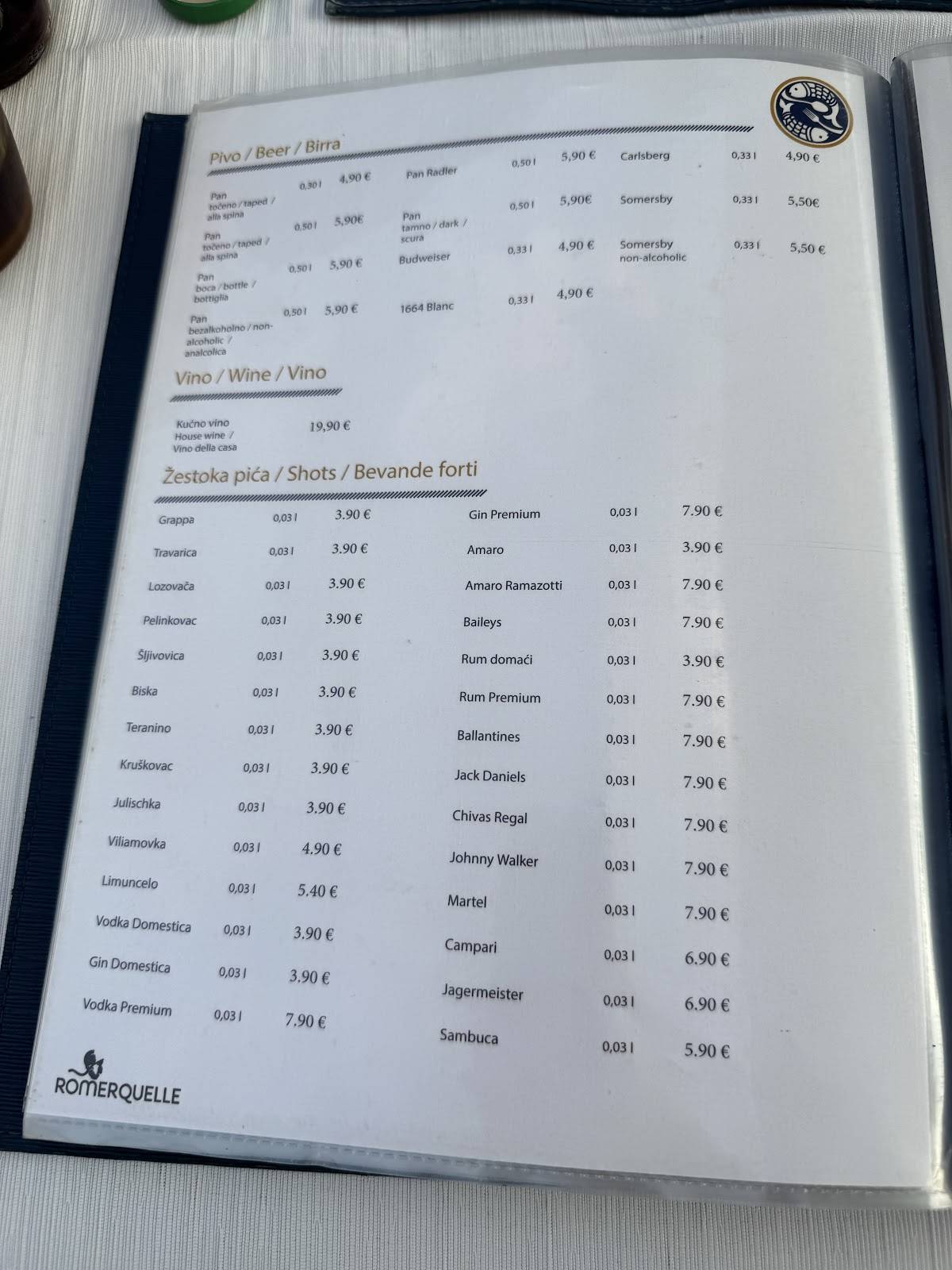 Menu de Da Piero restaurant Rovinj
