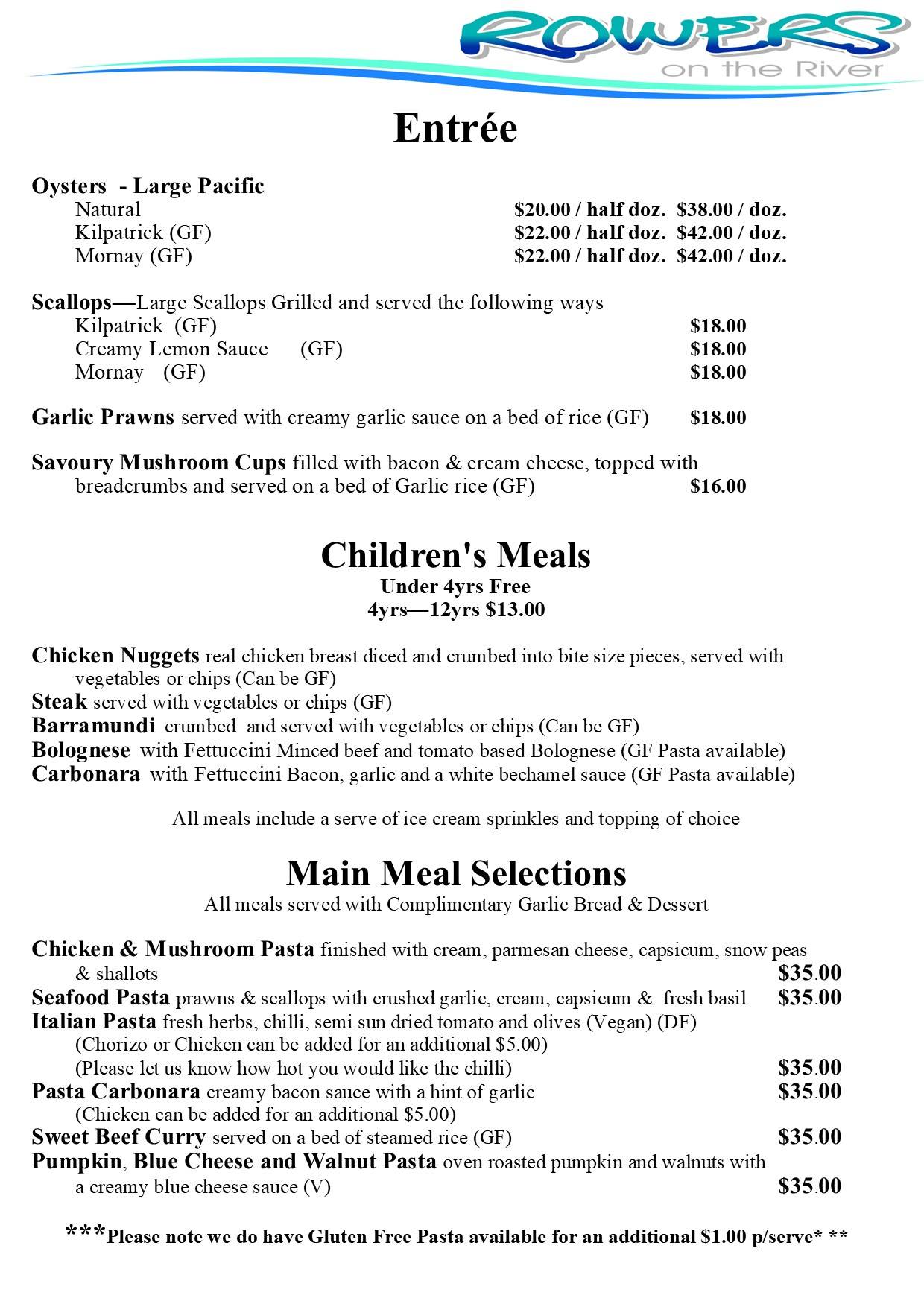 Menu at Rowers on the River restaurant, Bundaberg Central