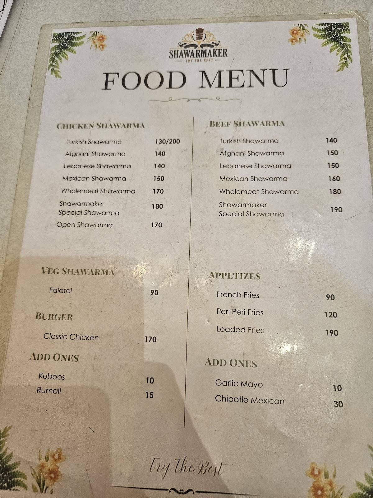SHAWARMAKER KATTANAM menu
