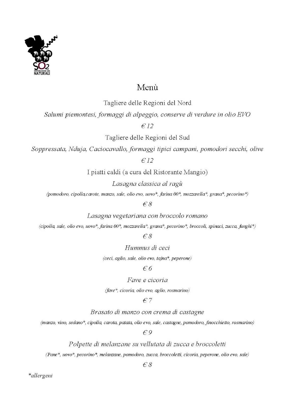 Menu di SO2 Distribuzione ed Enoteca (Vini Naturali) 
