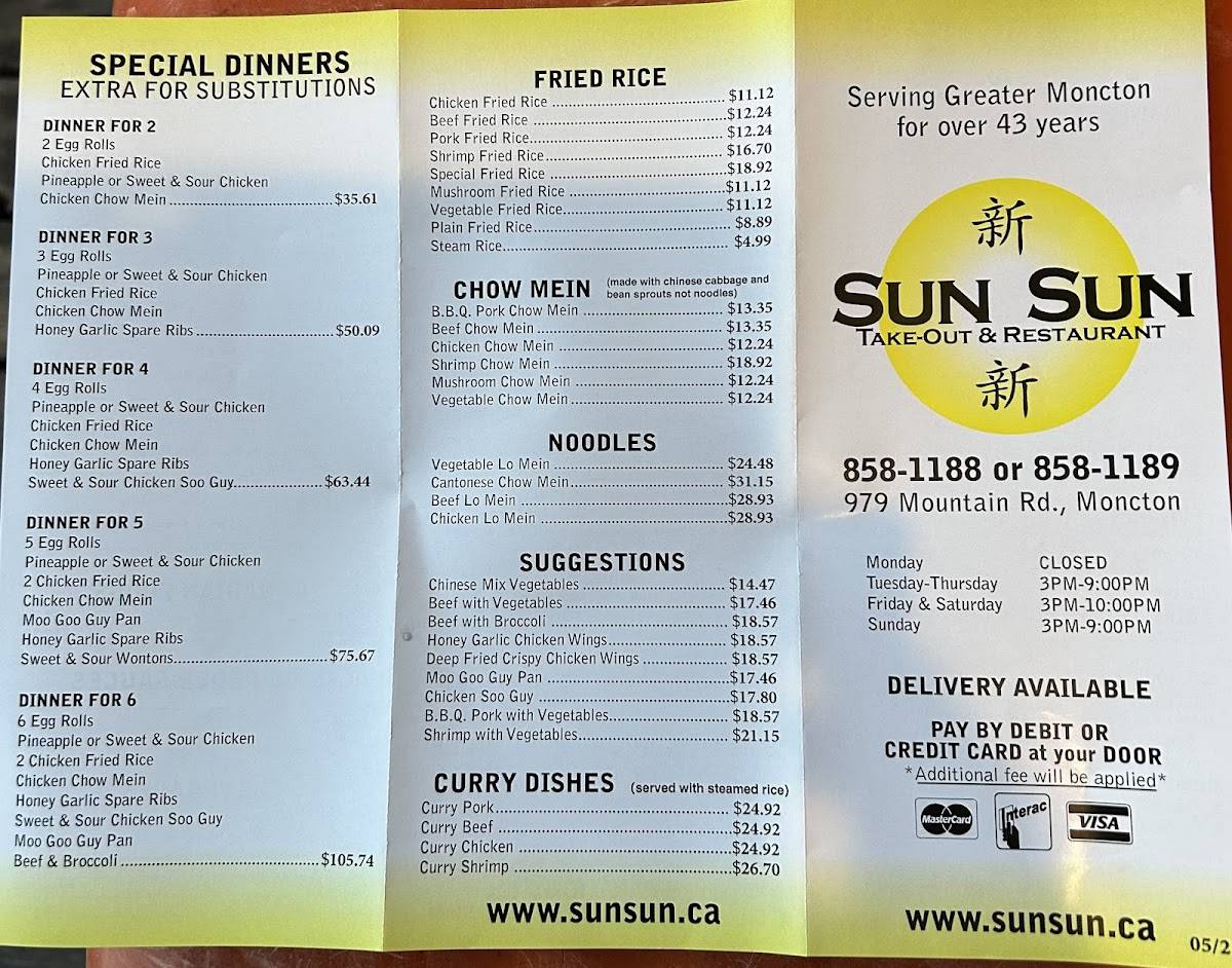 Menu at SUN SUN Take-Out & Restaurant, Moncton