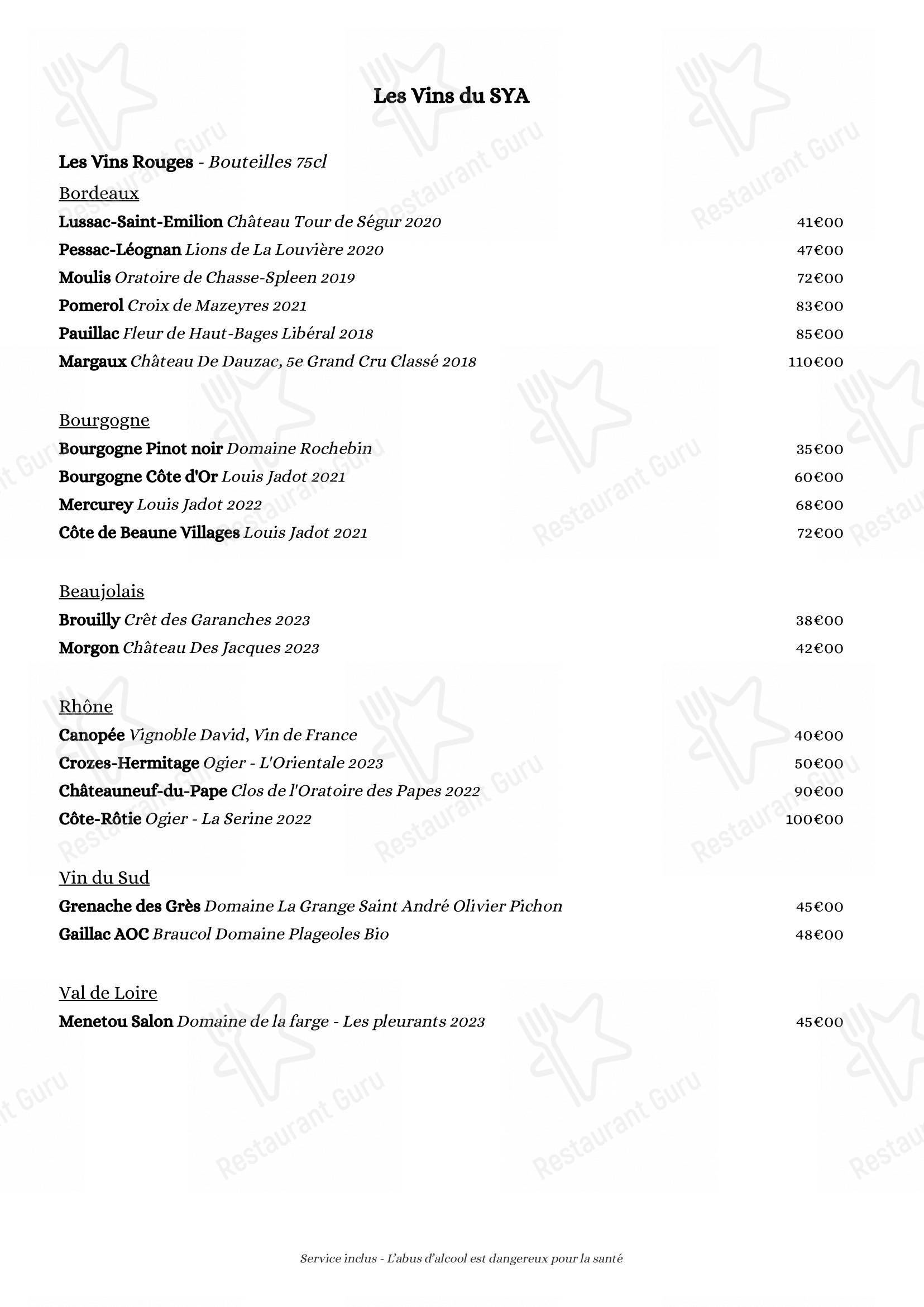 Menu bar pour SYA restaurant