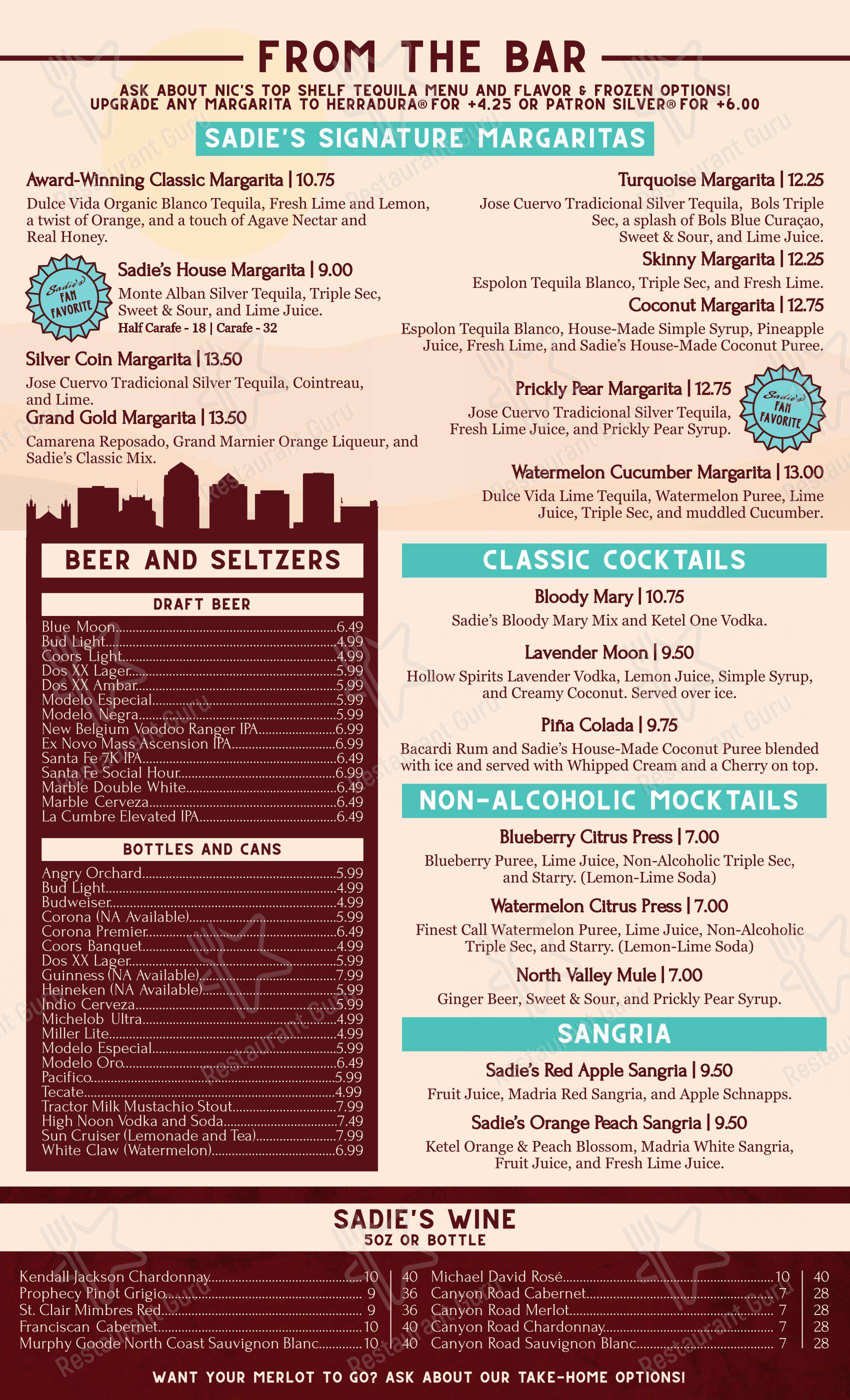 Menu at Sadie's of New Mexico restaurant, Los Ranchos de Albuquerque ...