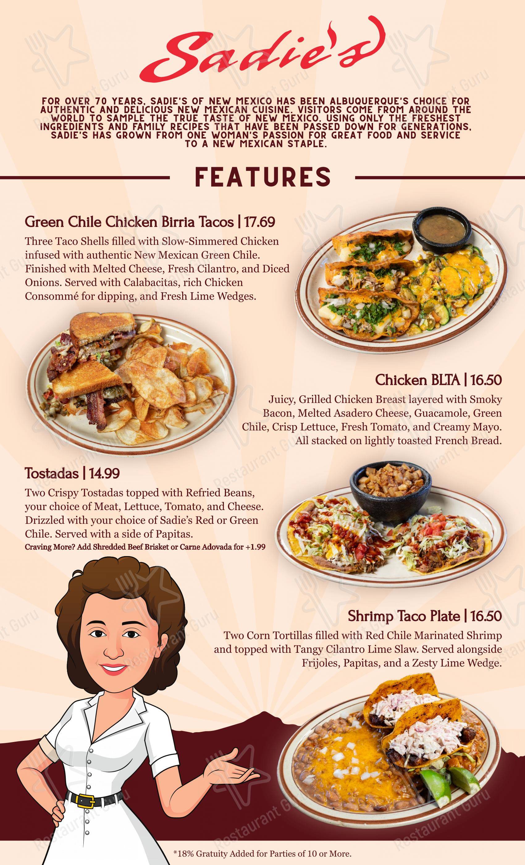 Menu at Sadie's of New Mexico restaurant, Los Ranchos de Albuquerque ...