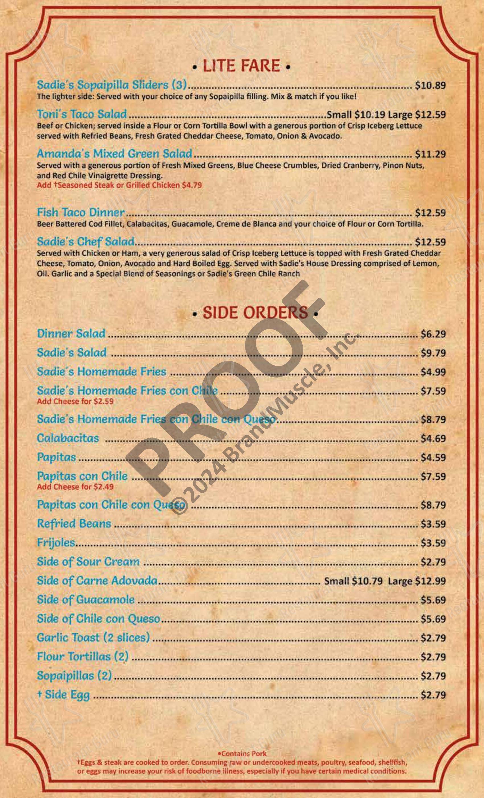 Menu at Sadie's of New Mexico restaurant, Los Ranchos de Albuquerque ...