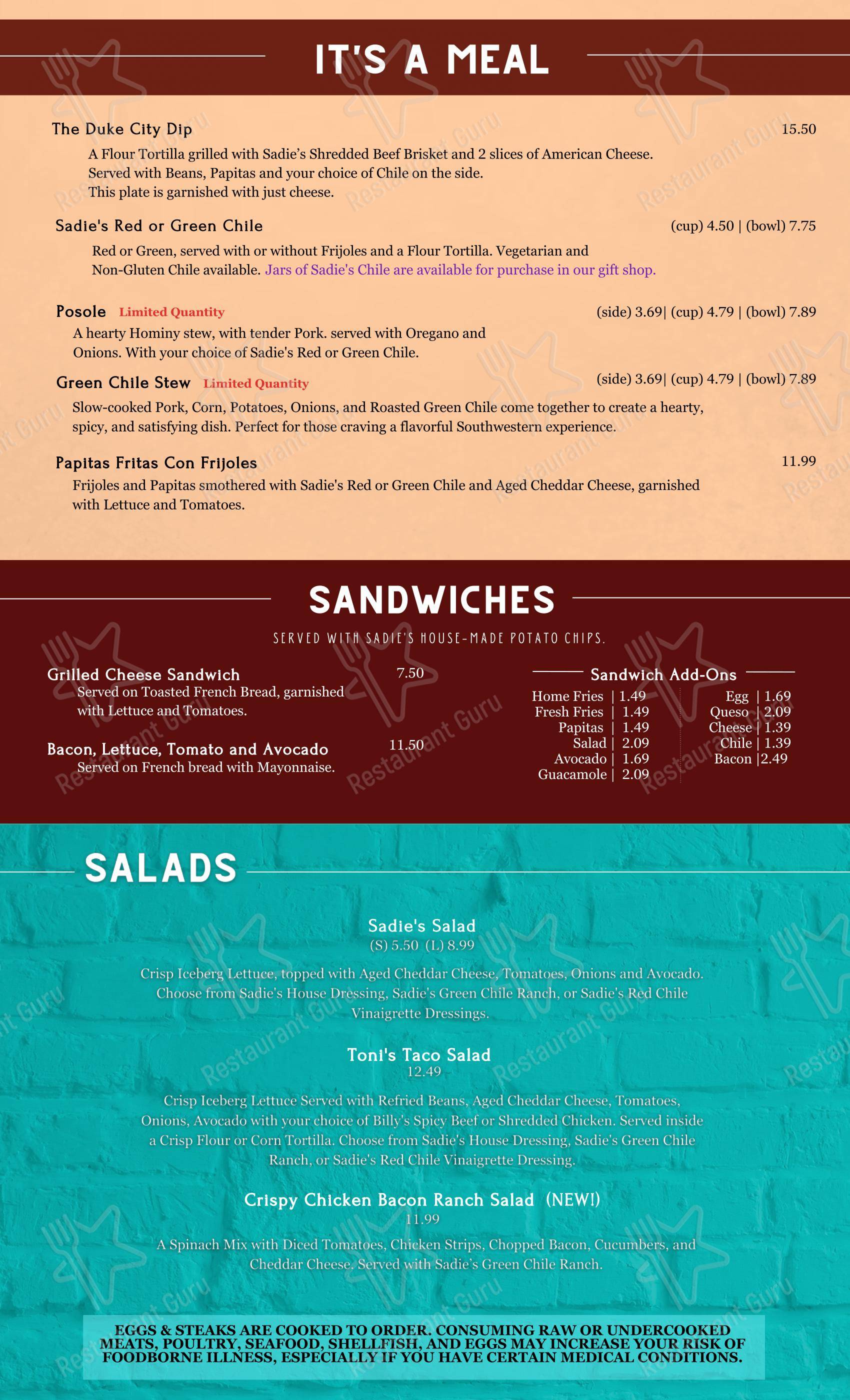 Menu at Sadie's of New Mexico restaurant, Los Ranchos de Albuquerque ...