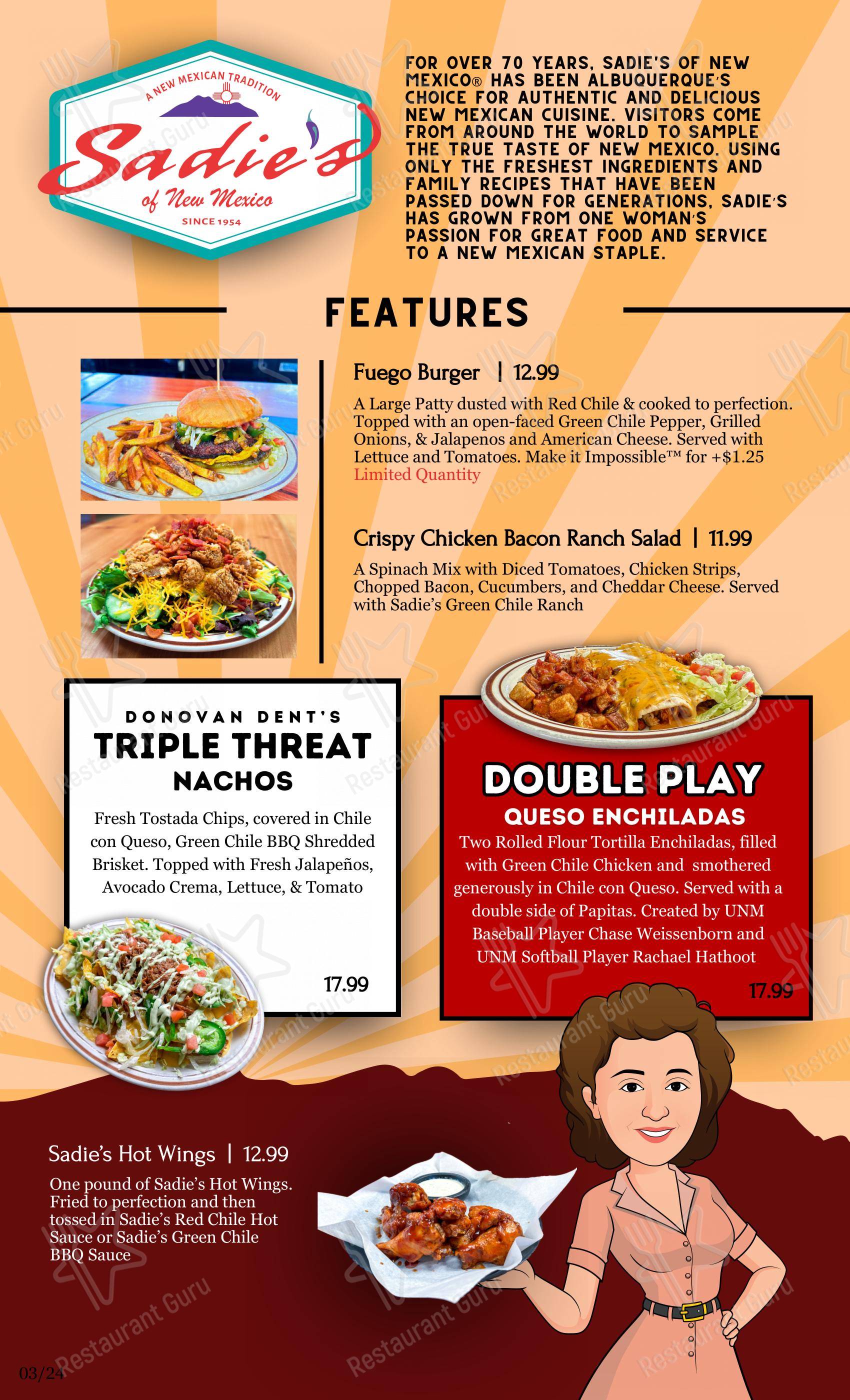 Menu at Sadie's of New Mexico restaurant, Los Ranchos de Albuquerque ...