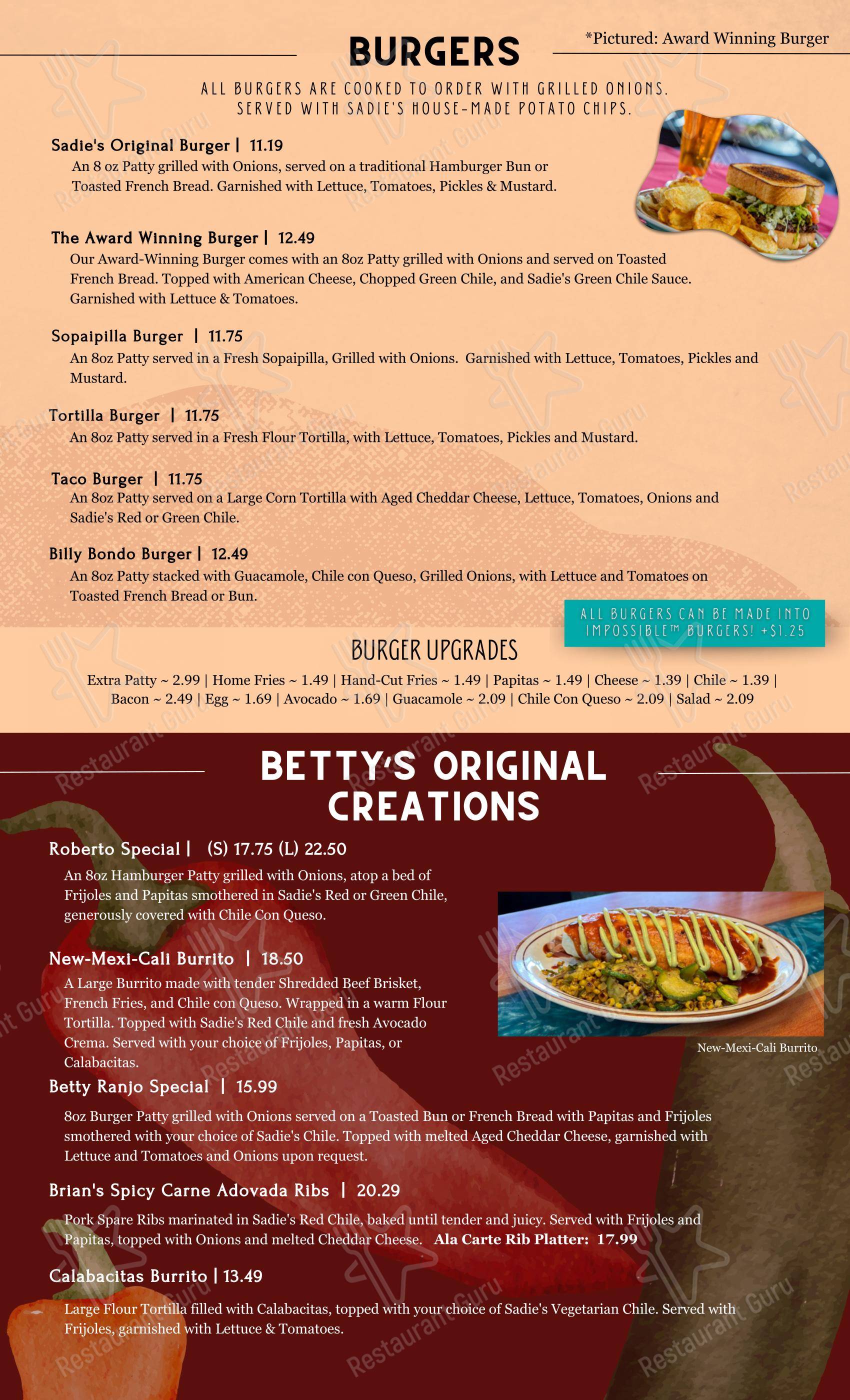 Menu at Sadie's of New Mexico restaurant, Los Ranchos de Albuquerque ...