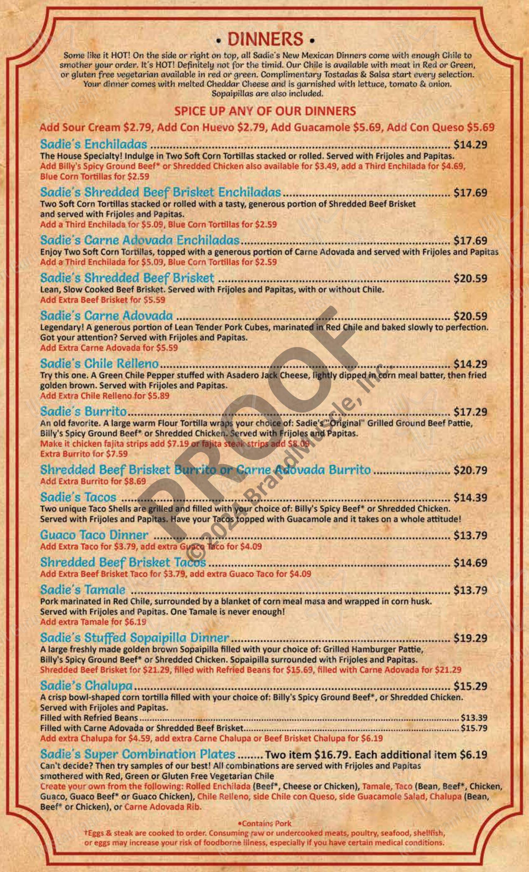 Menu at Sadie's of New Mexico restaurant, Los Ranchos de Albuquerque ...