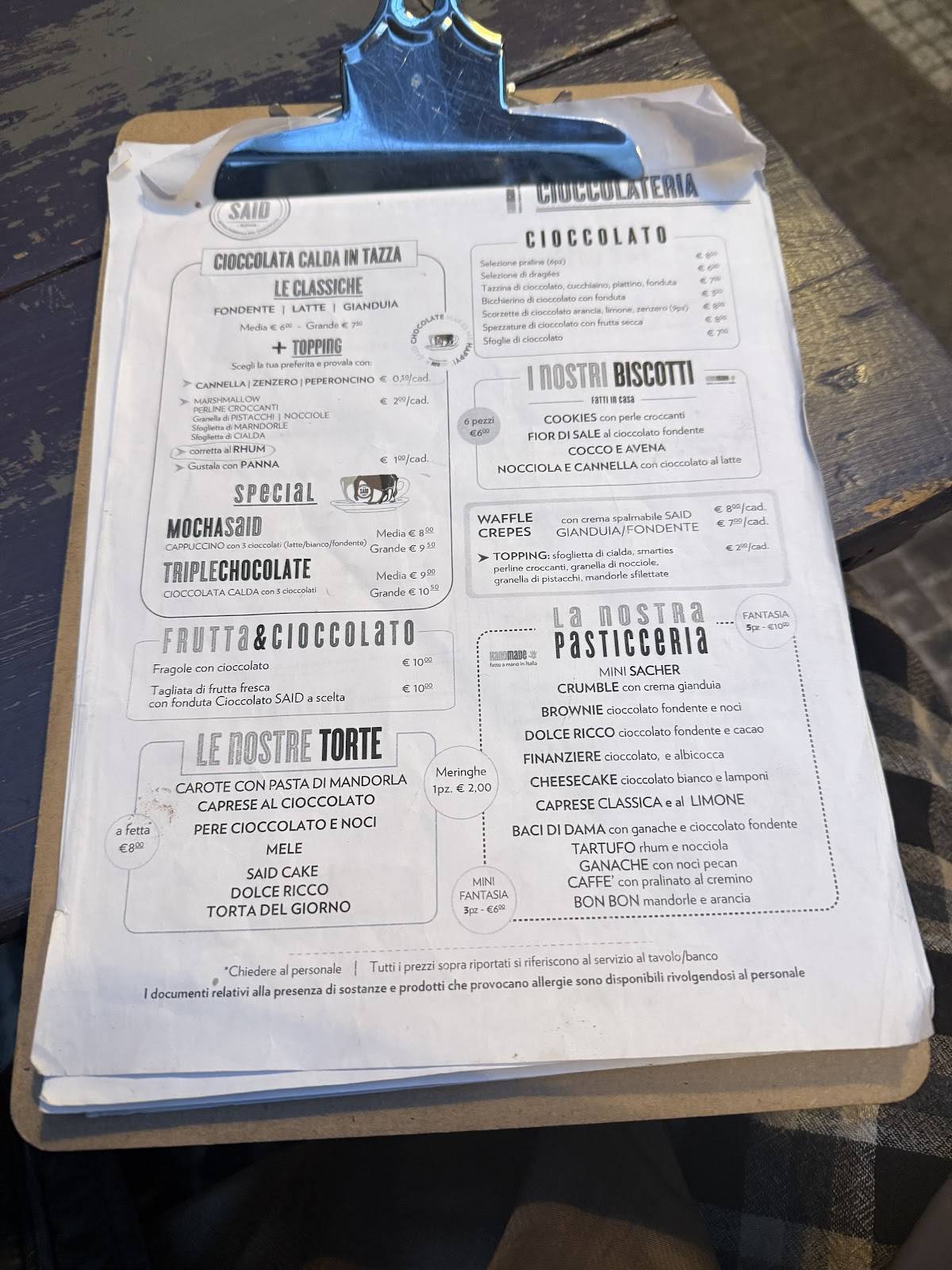 Menu di SAID dal 1923 - Roma 