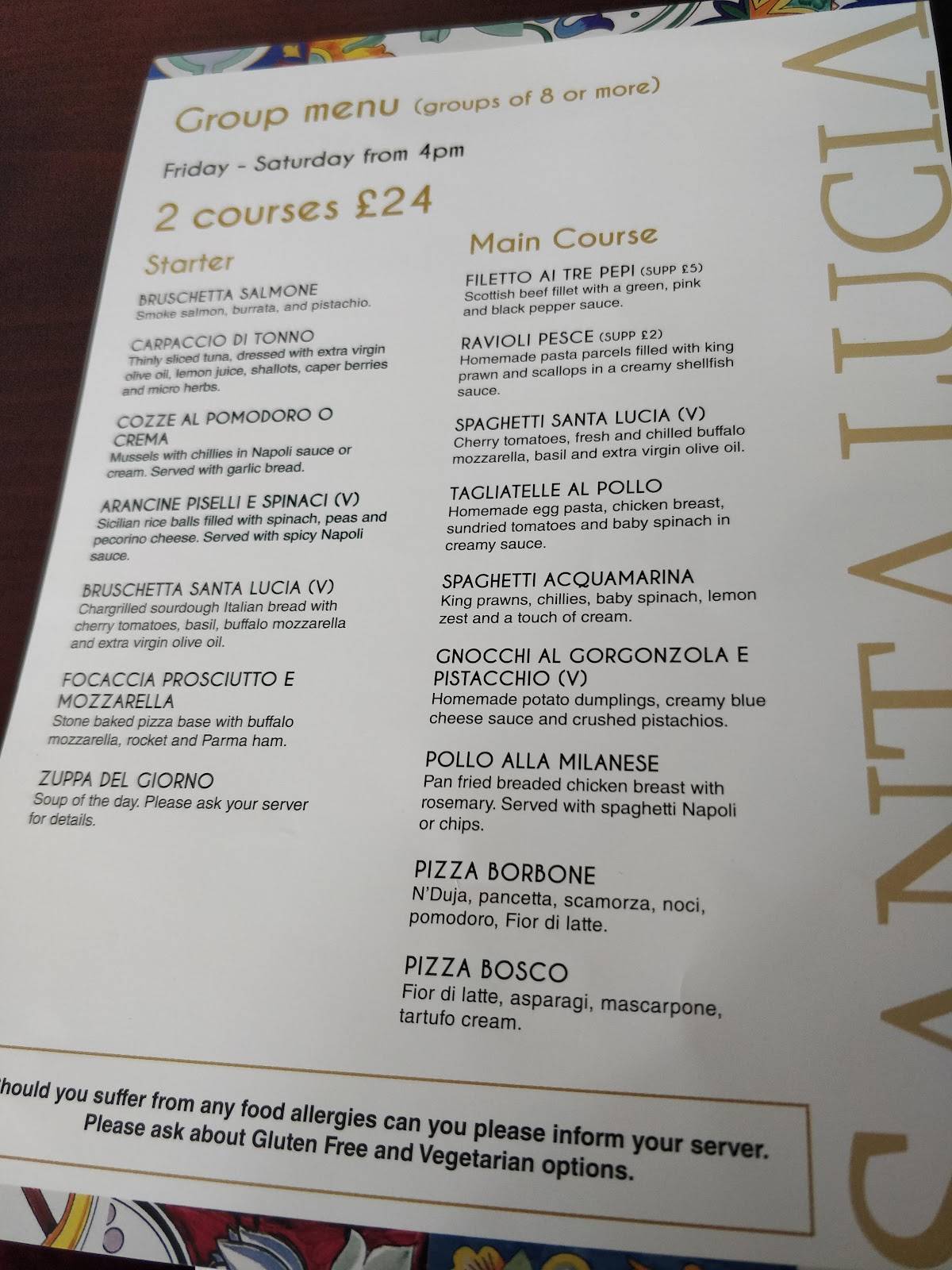 Menu at Santa Lucia Merchant City Glasgow restaurant, Glasgow, 68 Ingram St