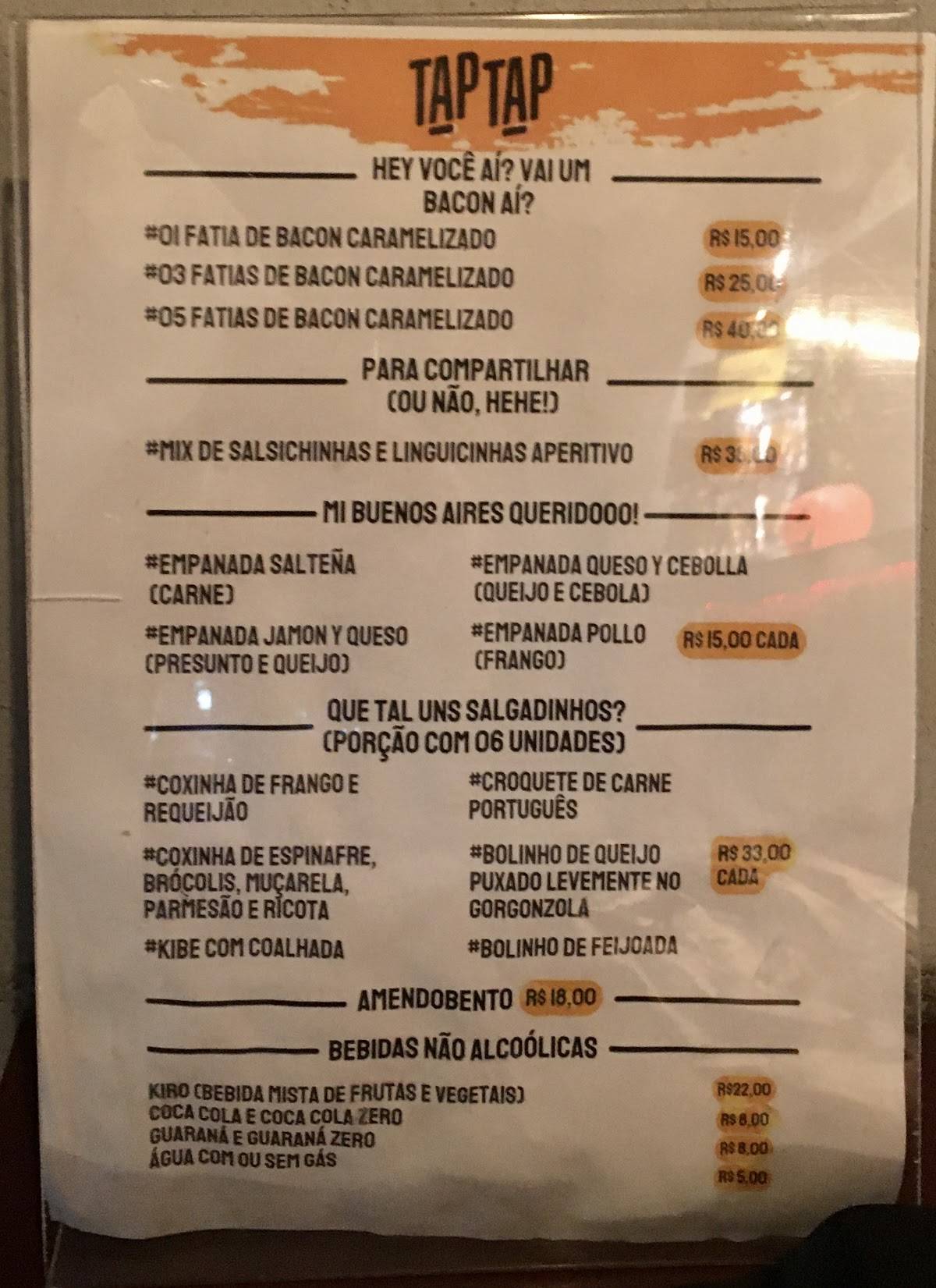 Tap Tap Bar e Cervejaria cardápio