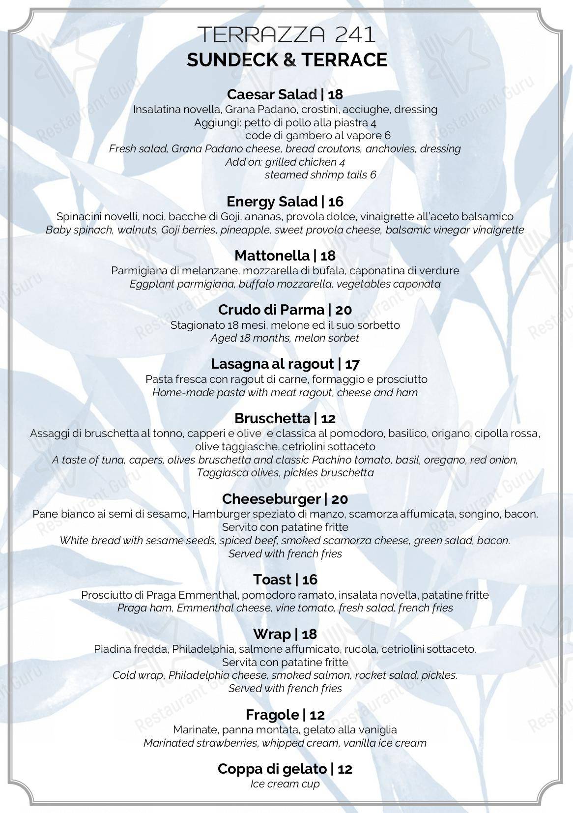 Menu per Satin ristorante