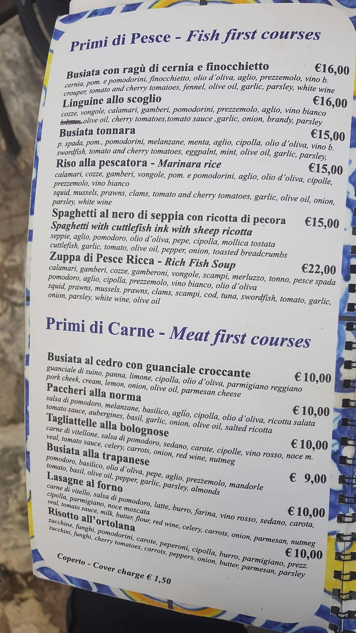 Menu di Ristorante Pizzeria Il Baglio 