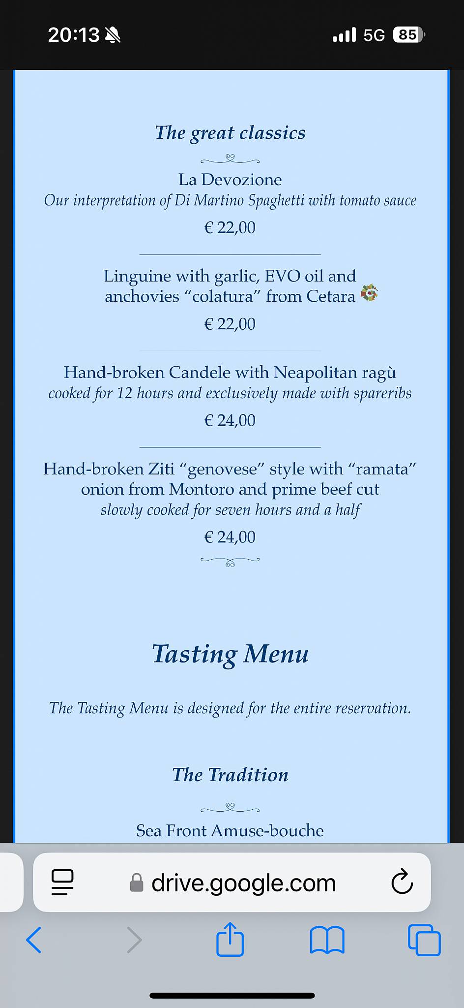 Menu di Sea Front Di Martino Pasta Bar 
