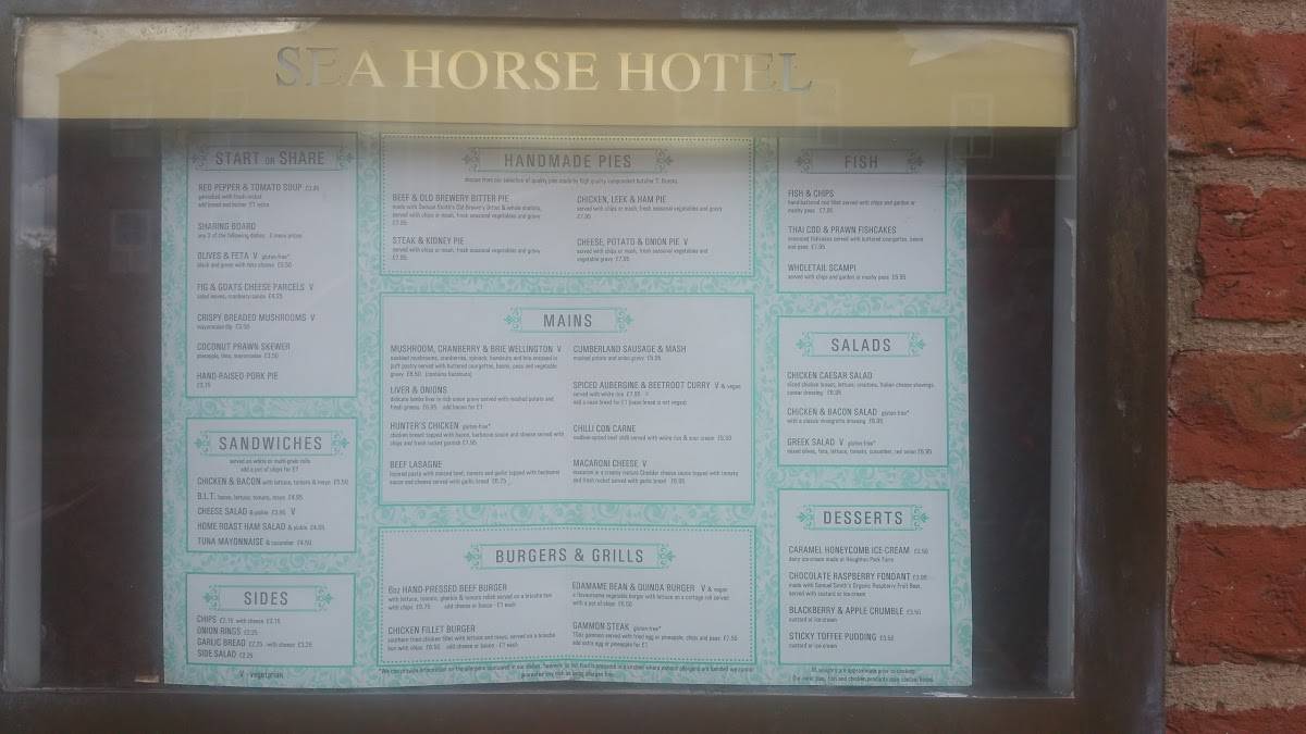 Menu at Sea Horse Hotel pub & bar, York