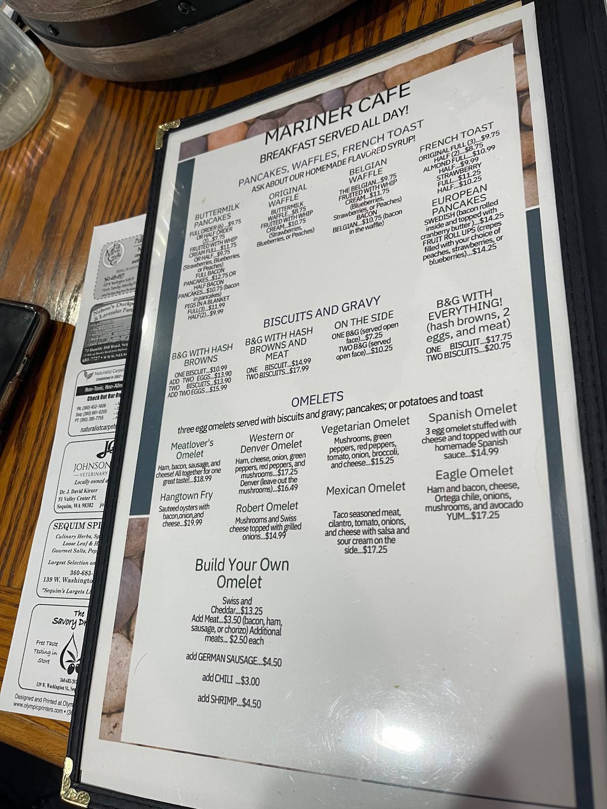 Menu at Mariner Cafe, Sequim, 609 W Washington St