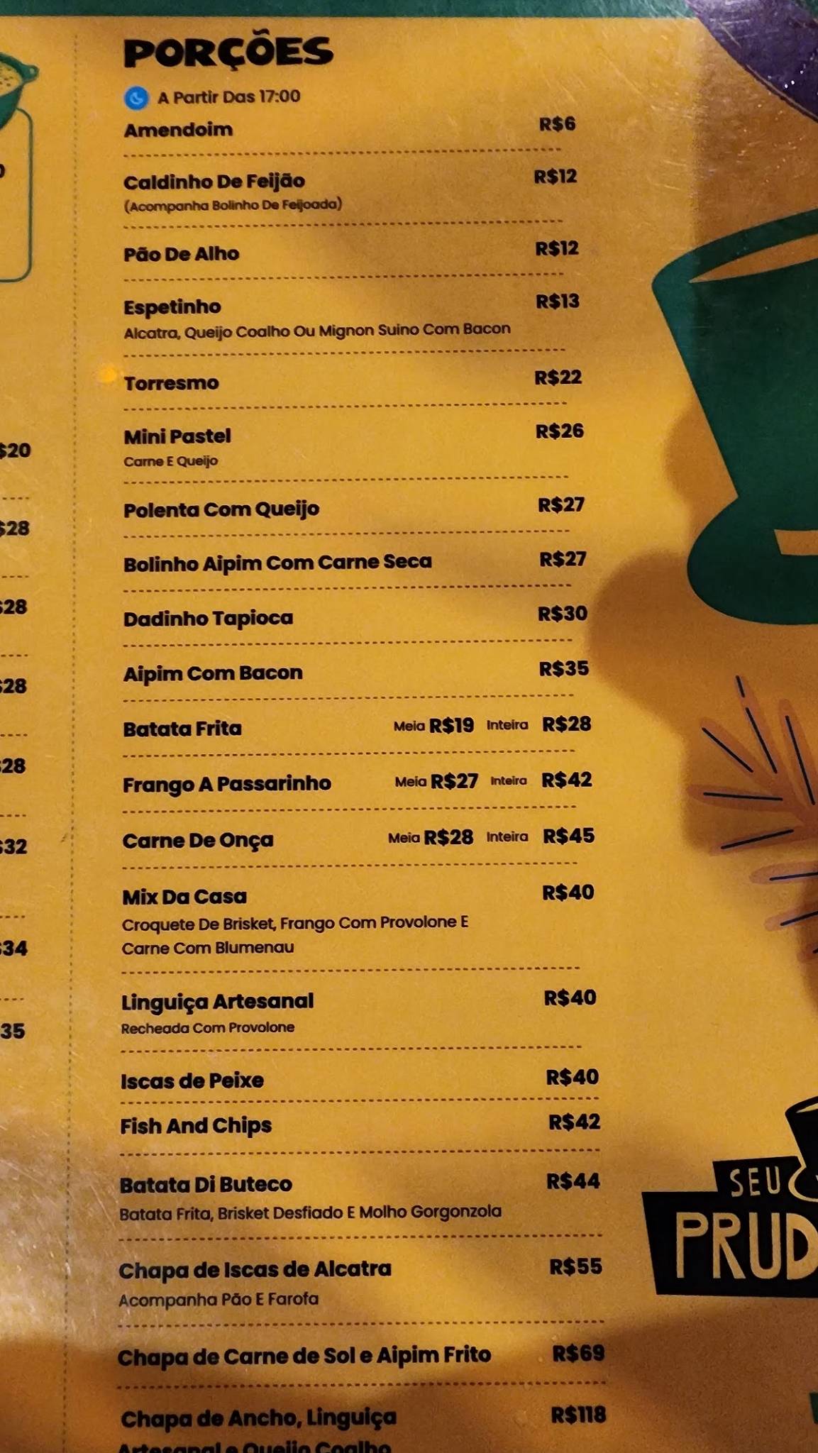 Seu Prudente cardápio