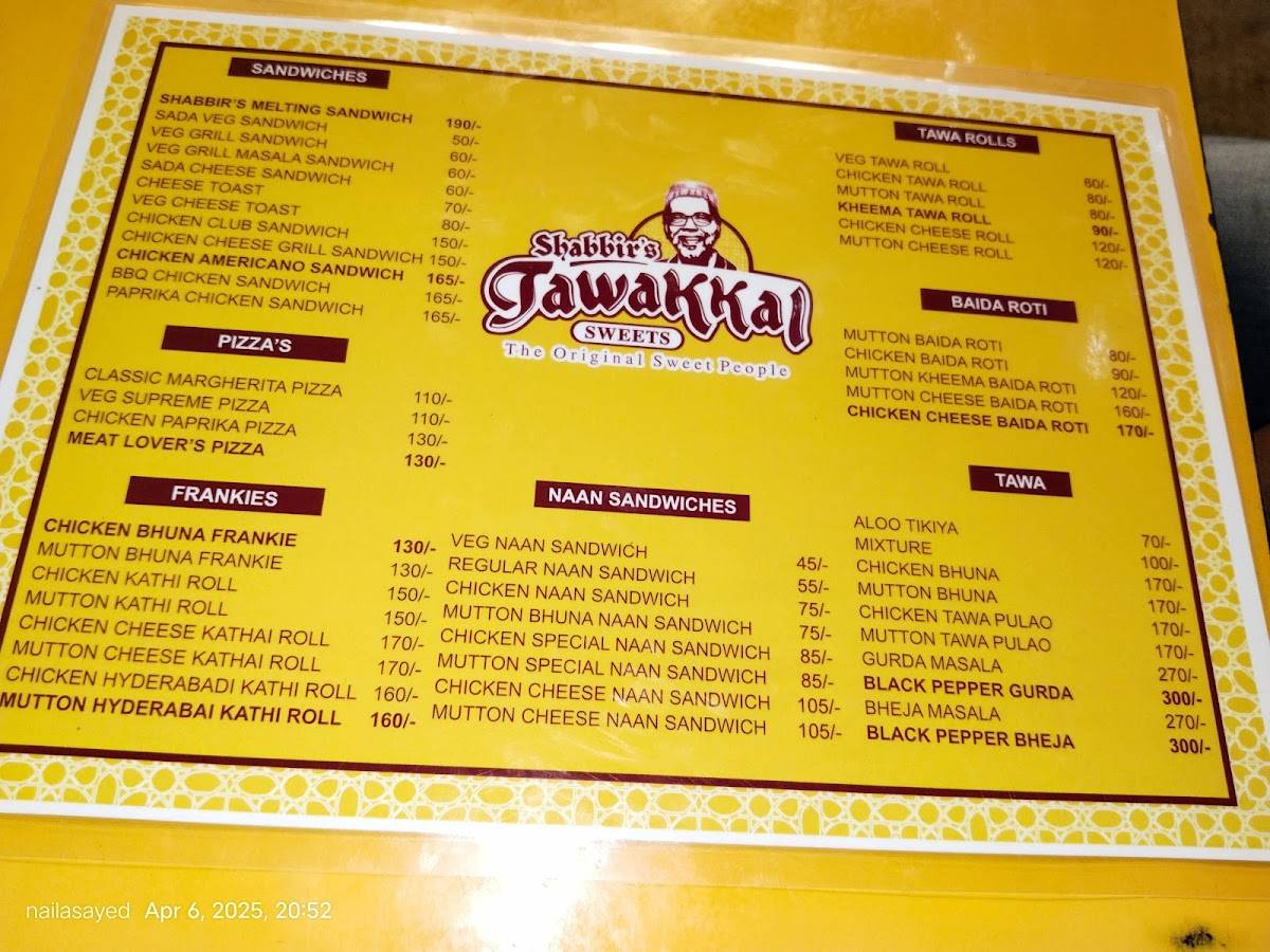 Shabbir's Tawakkal Sweets menu