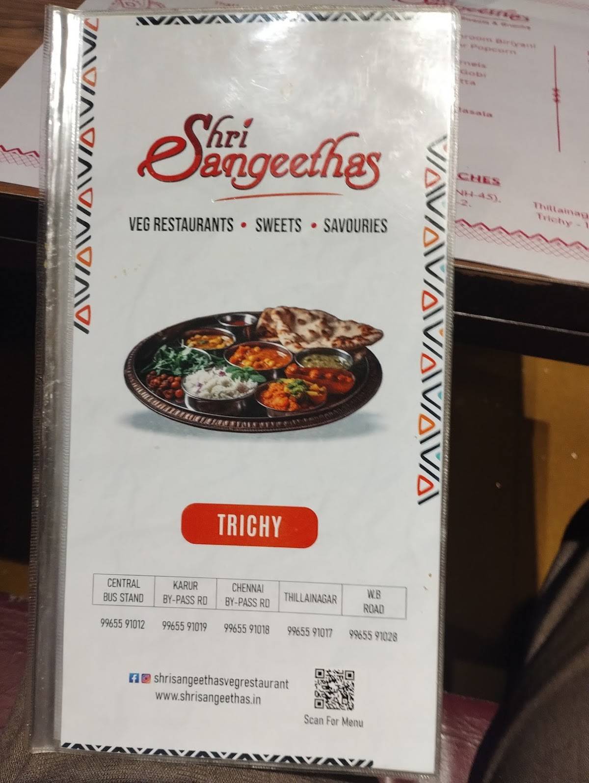 Shri Sangeethas (Thillainagar, Trichy) Veg. Restaurant Sweets Savouries menu