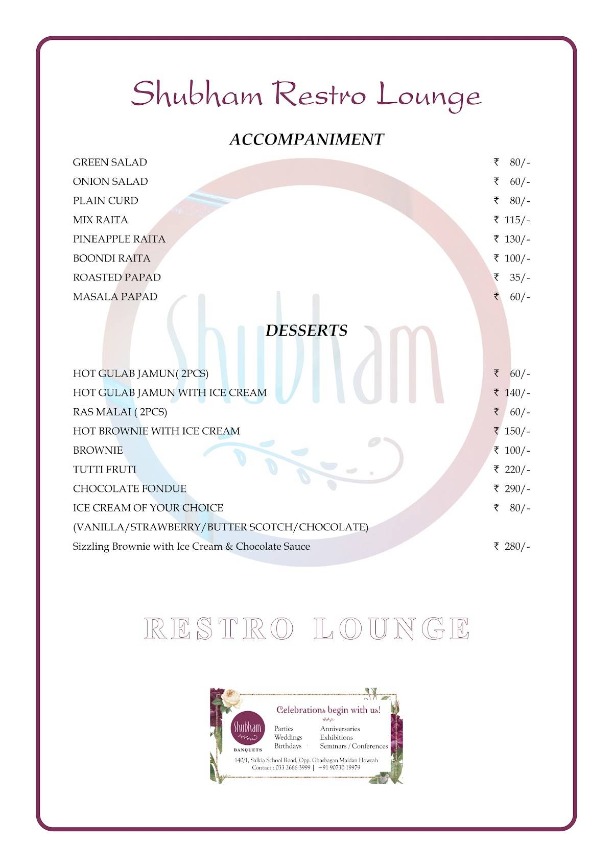 Shubham Banquets menu