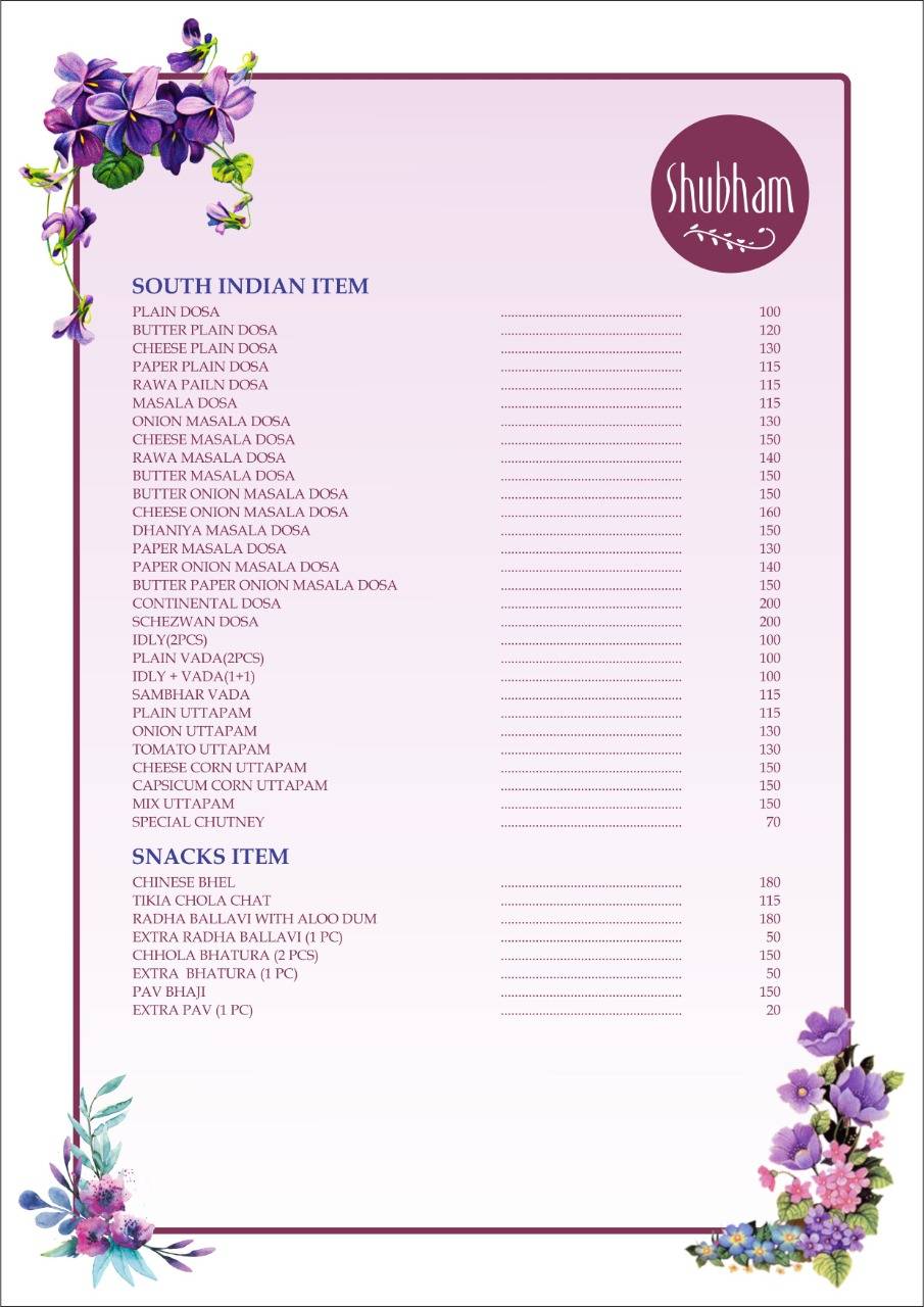 Shubham Banquets menu