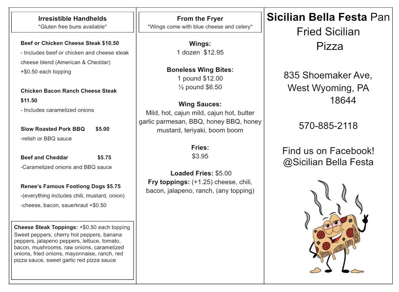 Menu at Sicilian Bella Festa pizzeria, West Wyoming