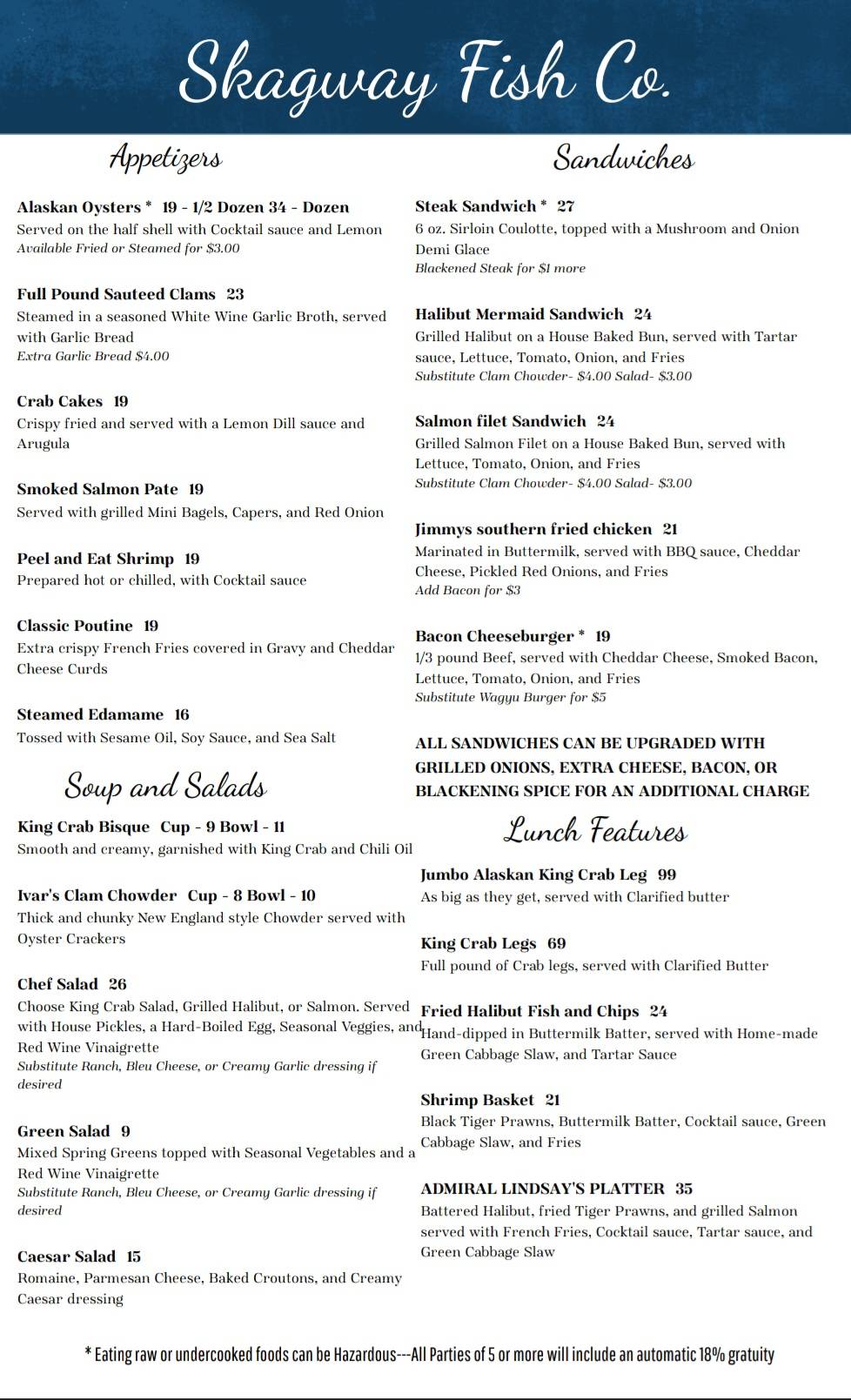 Menu at Skagway Fish Company restaurant, Skagway