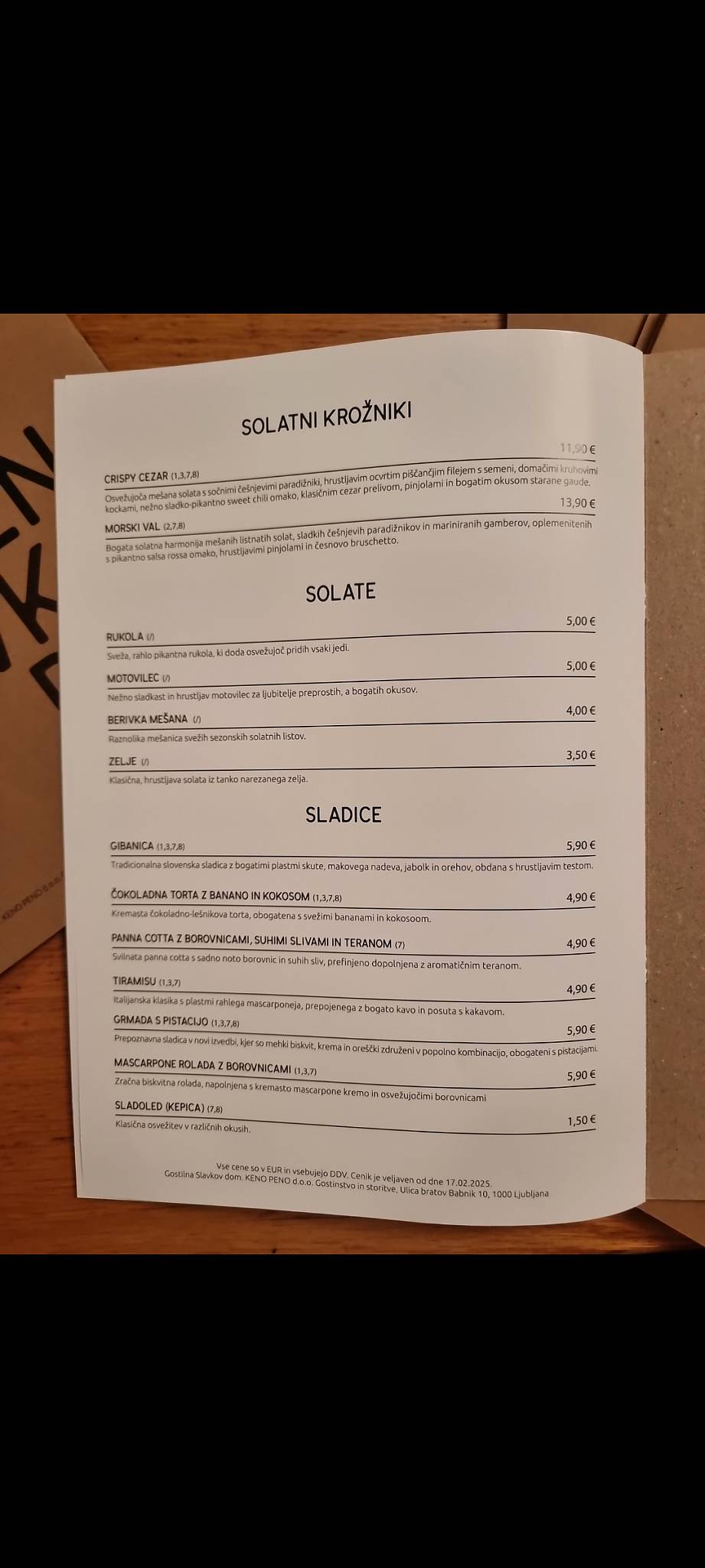 Menu di Slavkov dom 