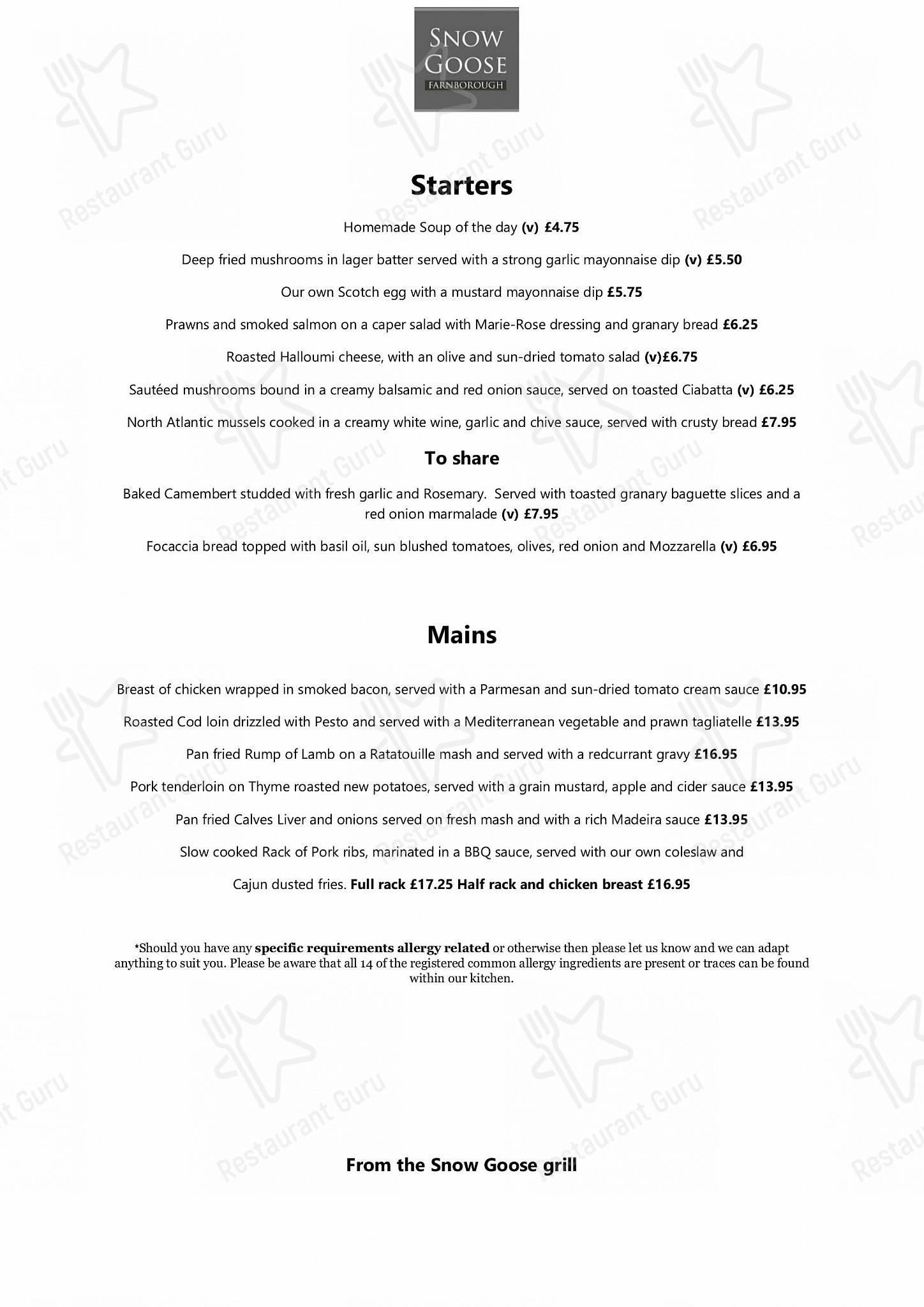 Menu at The Snow Goose Pub, Farnborough