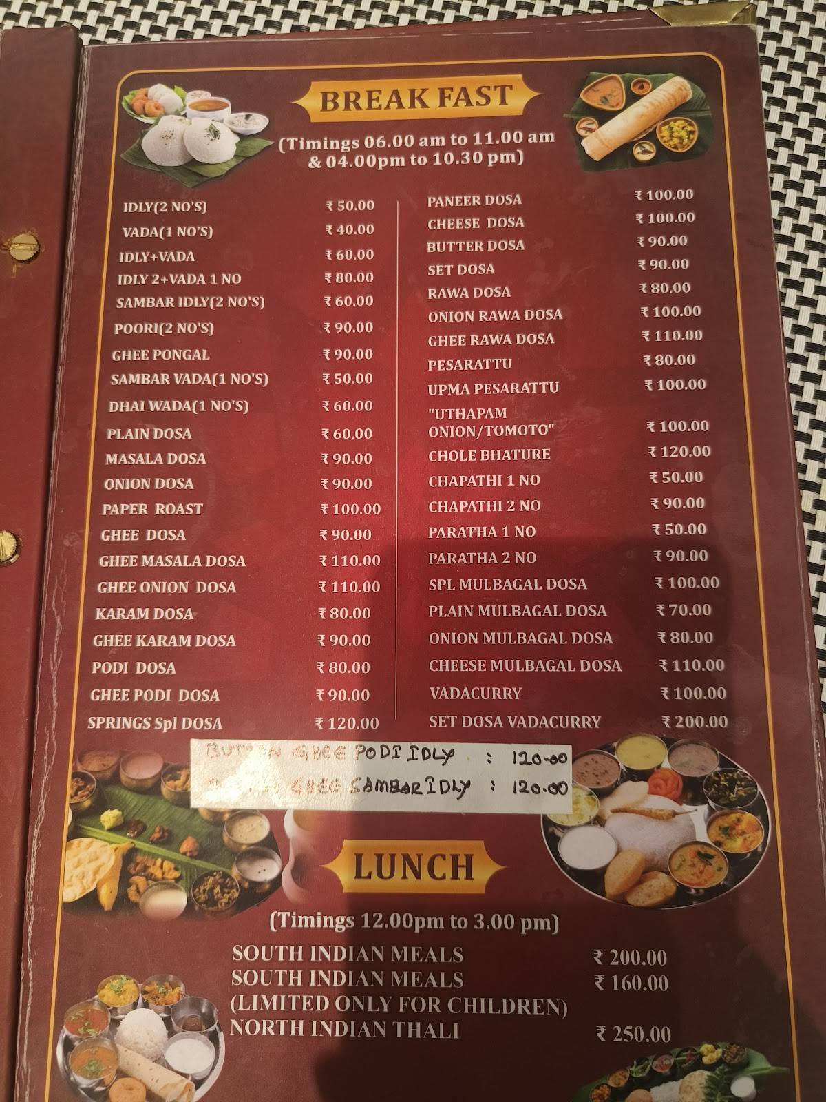 Springs Restaurant menu