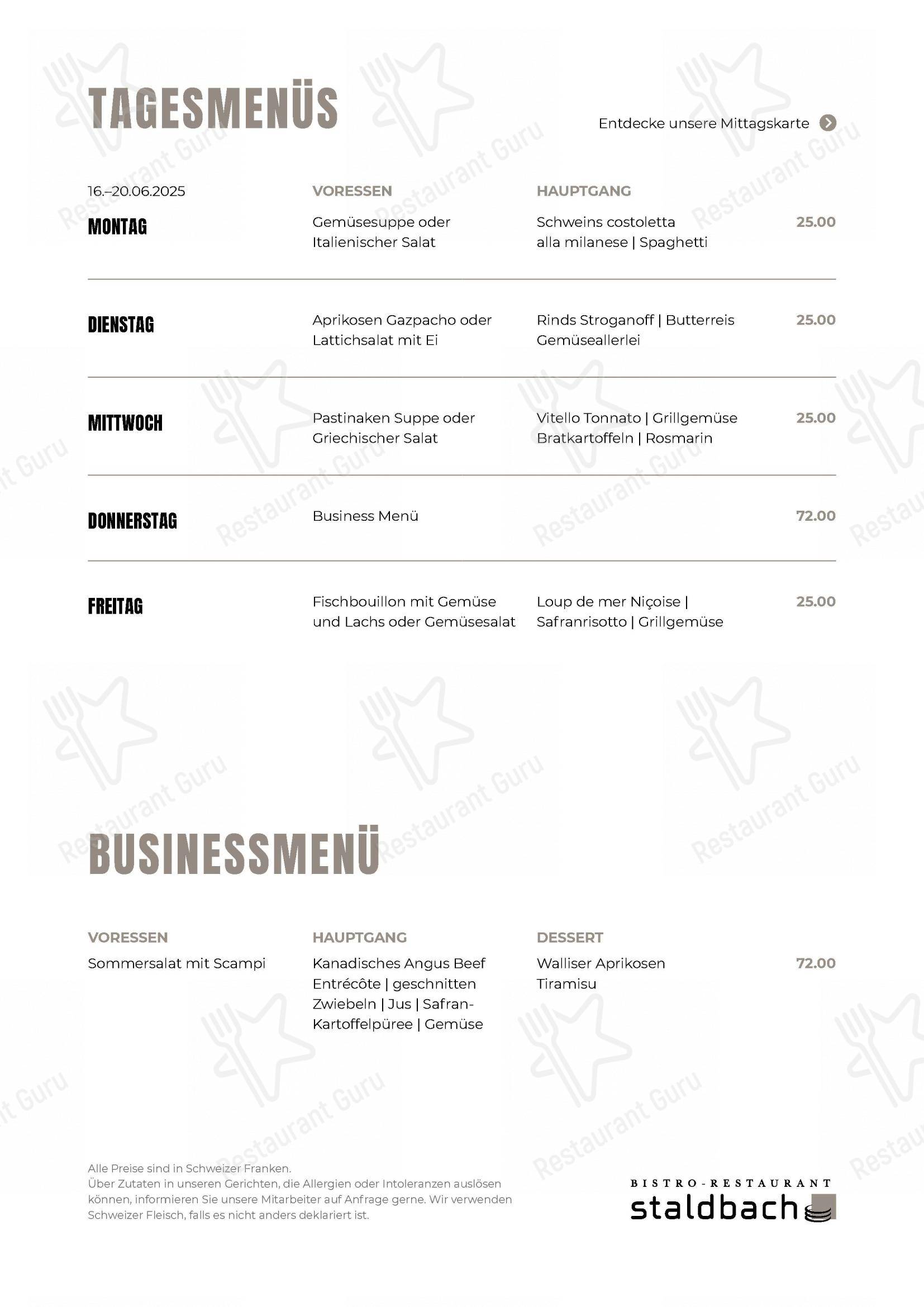 Menu bar pour Staldbach restaurant