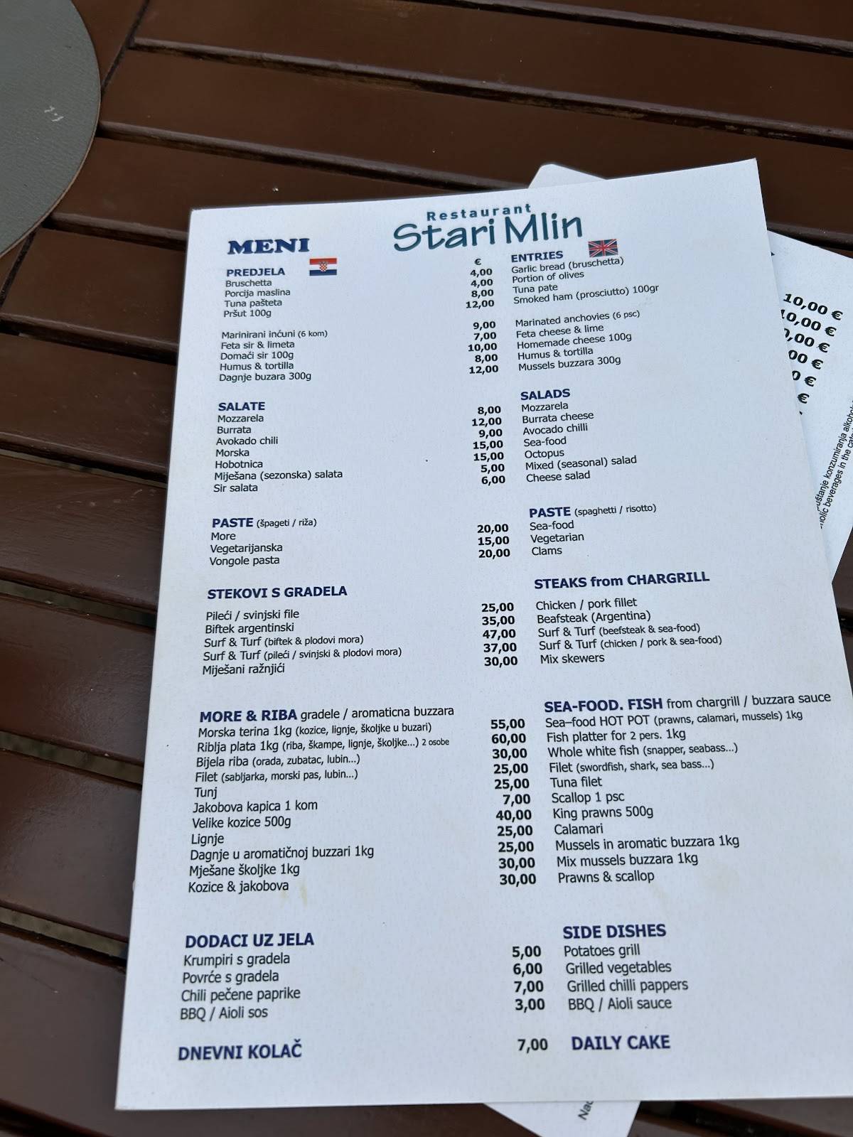 Menu di Stari Mlin 