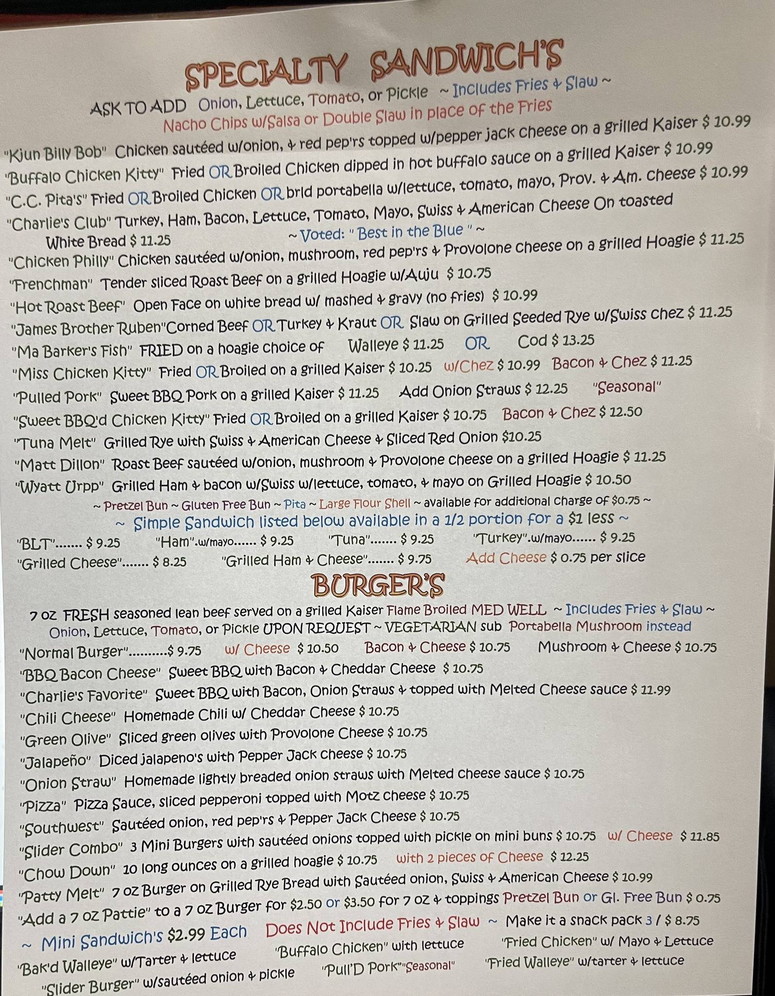 Menu at Cheap Charlie's steakhouse, Fort Gratiot Township