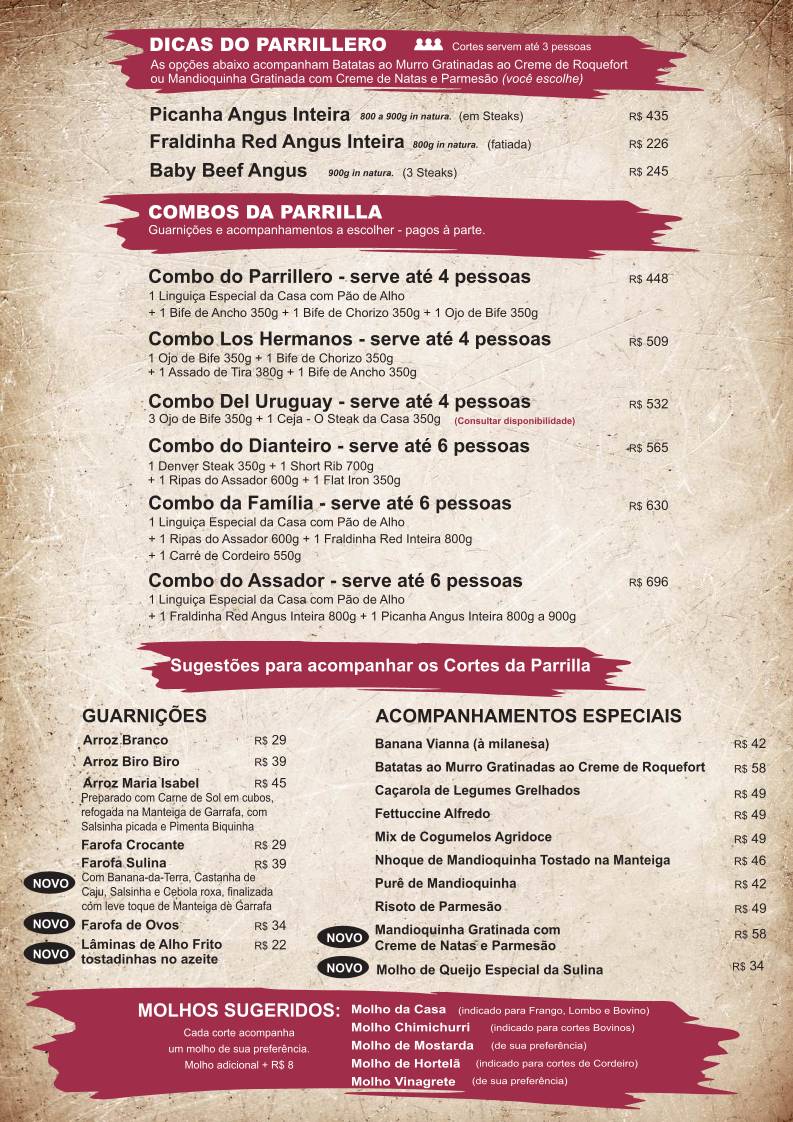 Sulina Parrilla e Restaurante cardápio