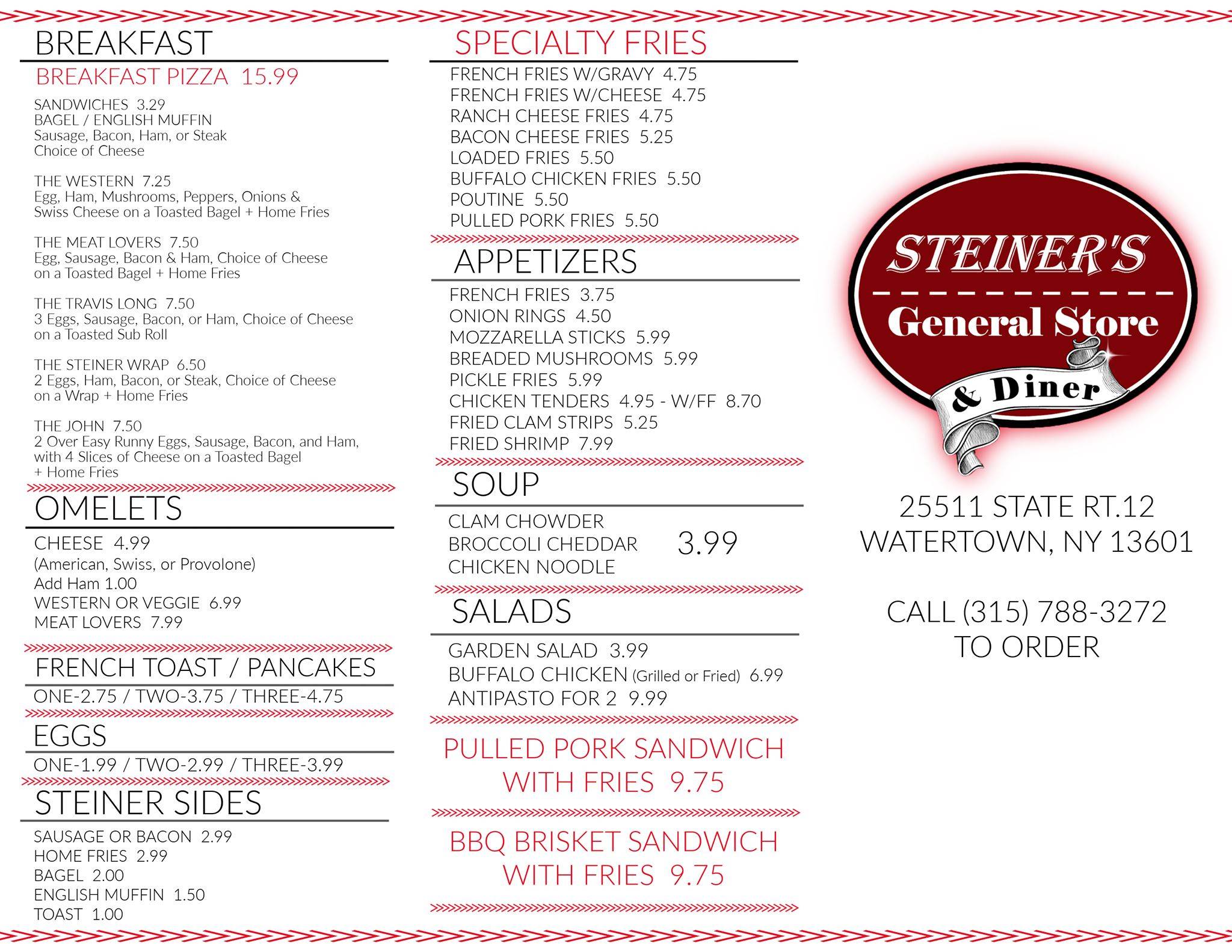 Menu at Steiner's General Store & Diner pizzeria, Watertown, NY12