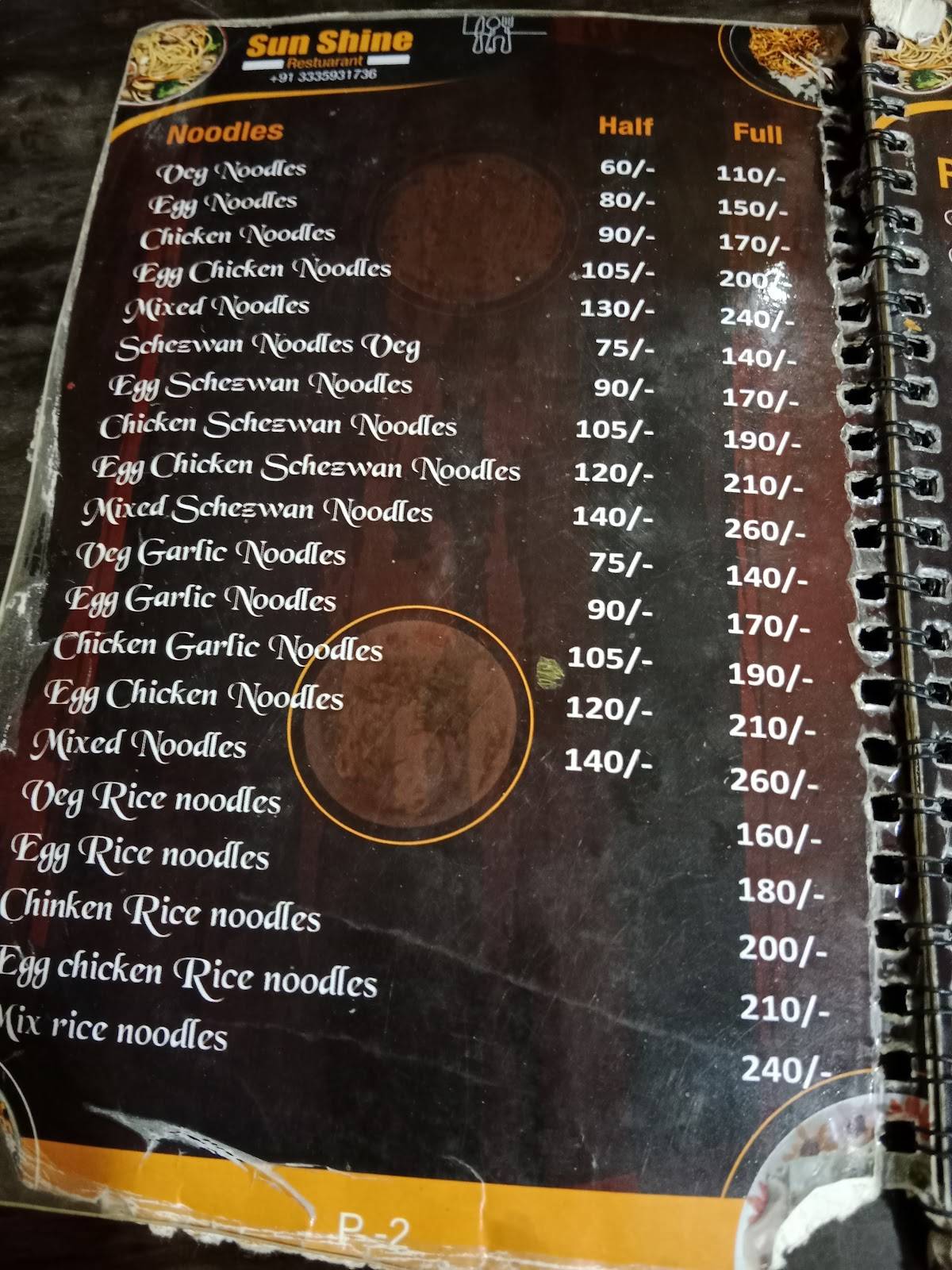 Sun Shine Restaurant menu