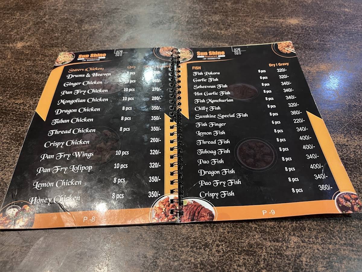 Sun Shine Restaurant menu