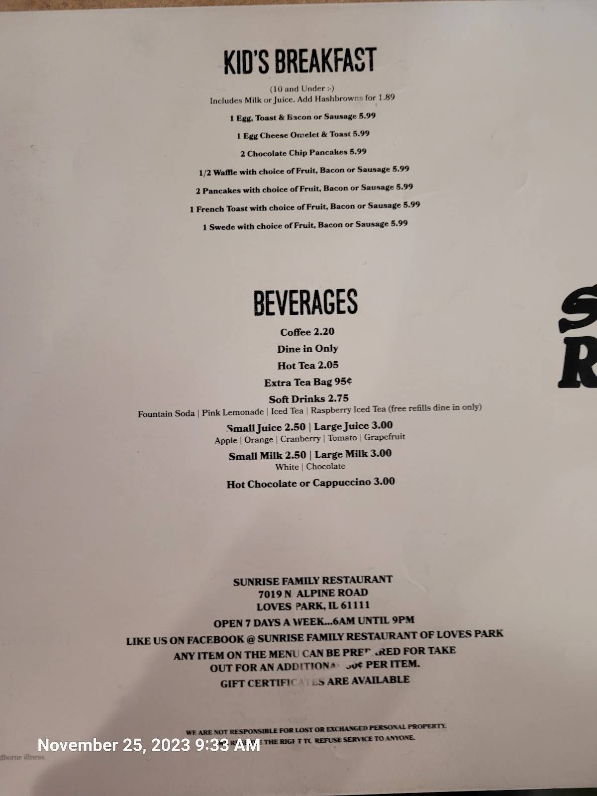 Menu at Sunrise Family Restaurant, Loves Park, N Alpine Rd