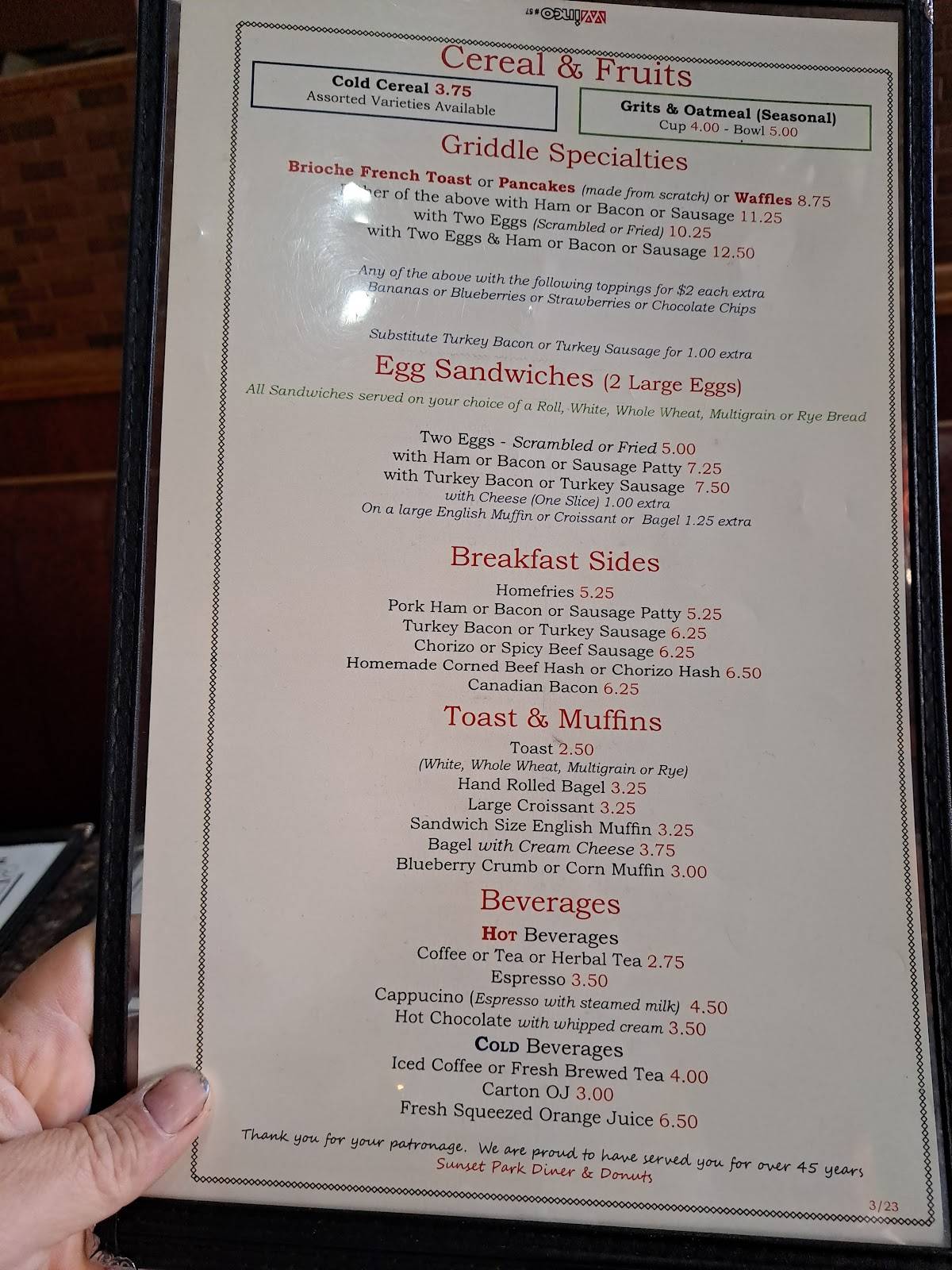 Menu at Sunset Park Diner & Donuts restaurant, New York City