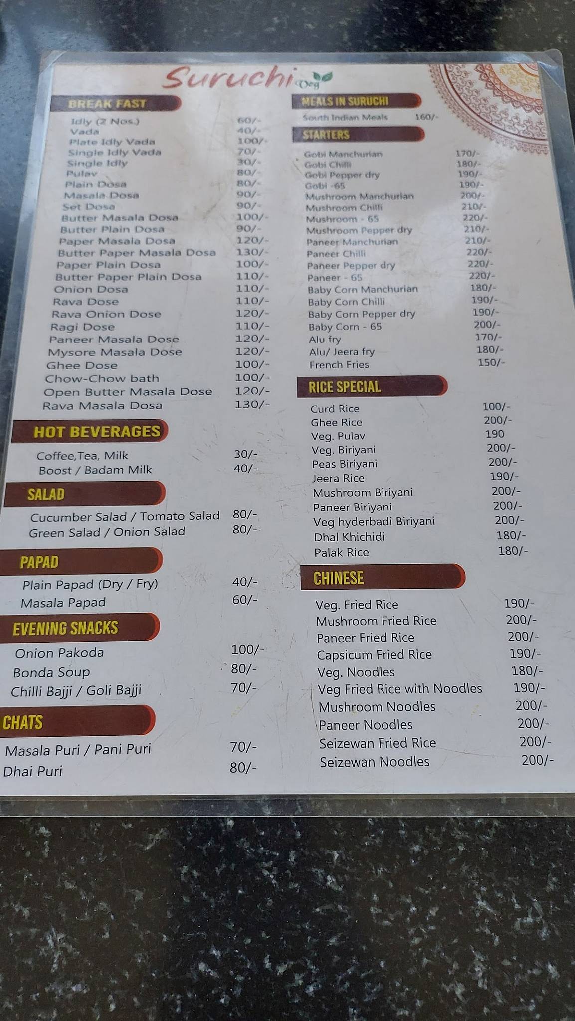 Suruchi Veg Hotel menu