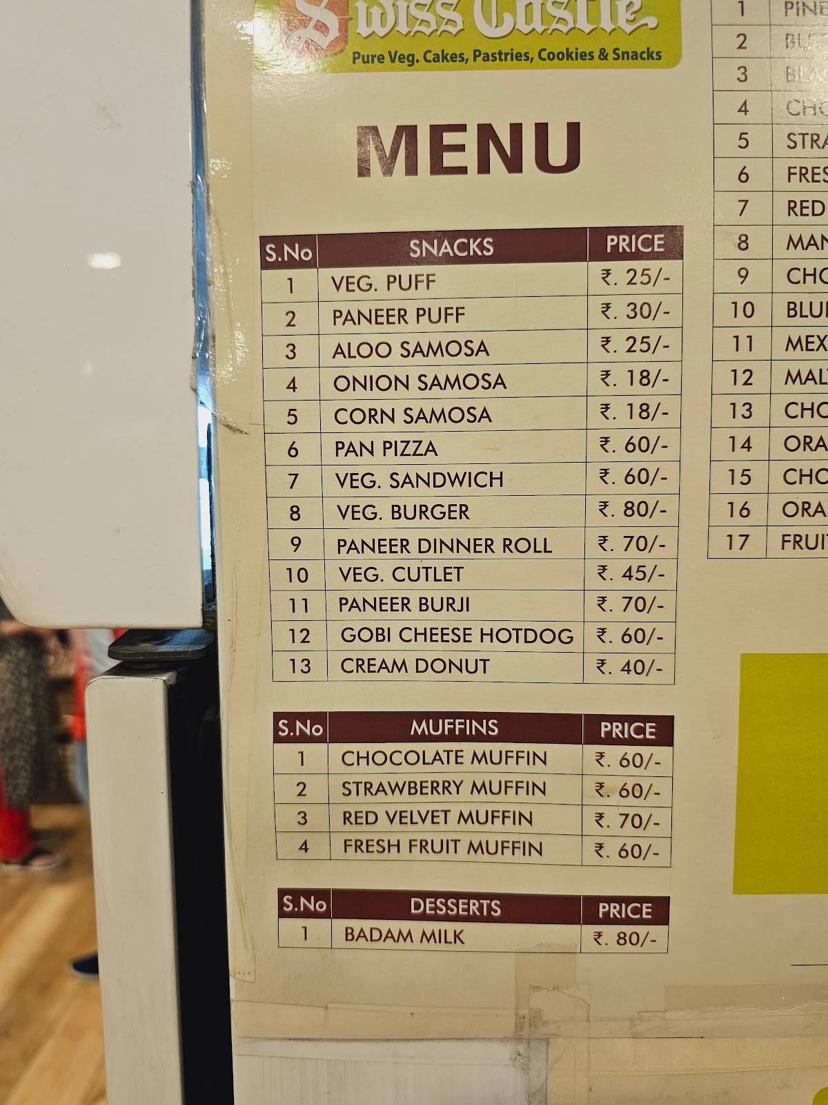 Swiss Castle Bakery, Tarnaka menu