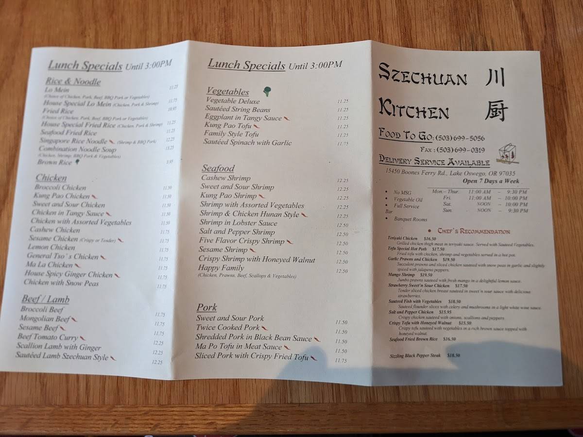 Menu at Szechuan Kitchen restaurant, Lake Oswego, Boones Ferry Rd
