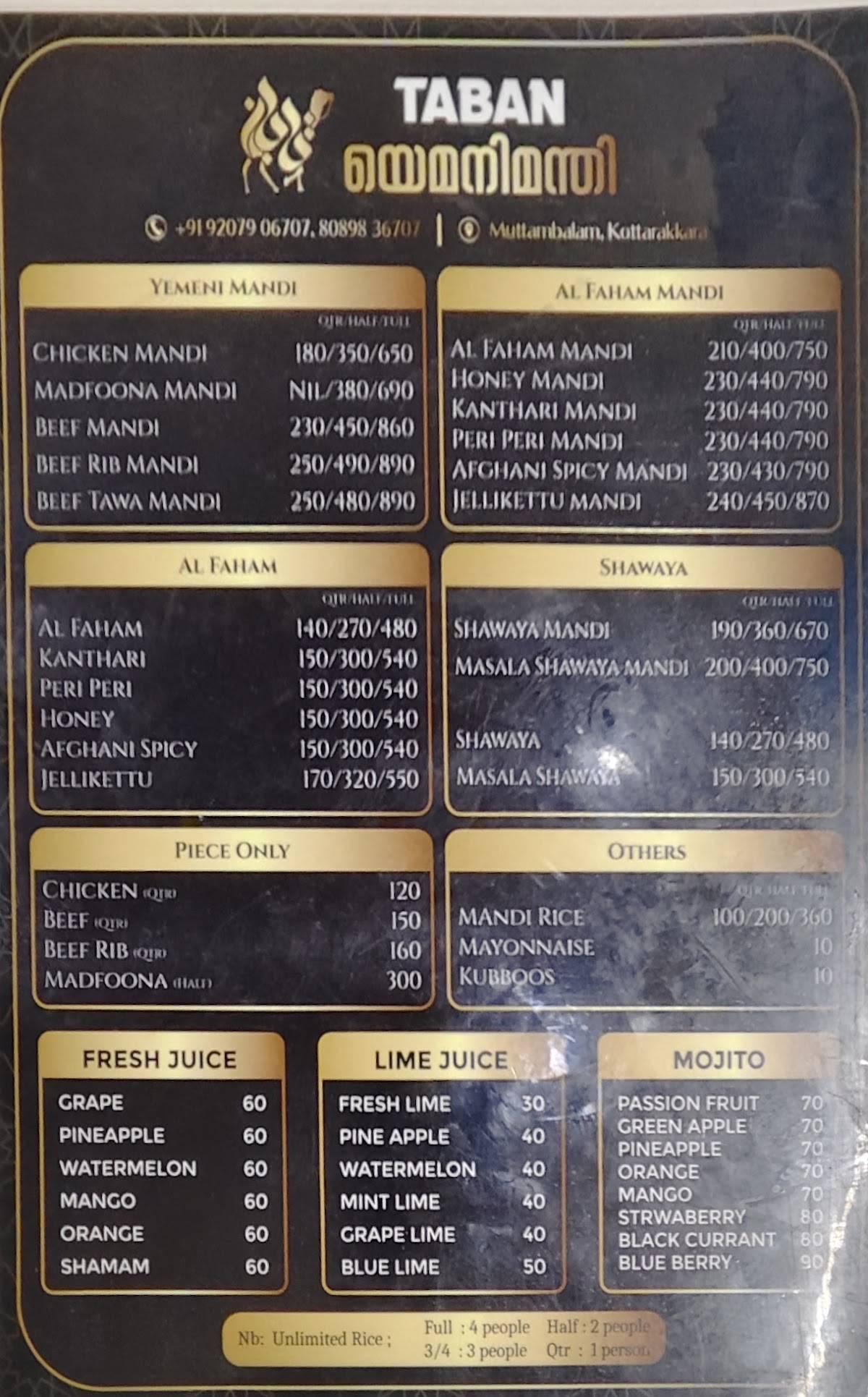 TABAN YEMENI MANDI -KOTTARAKKARA menu
