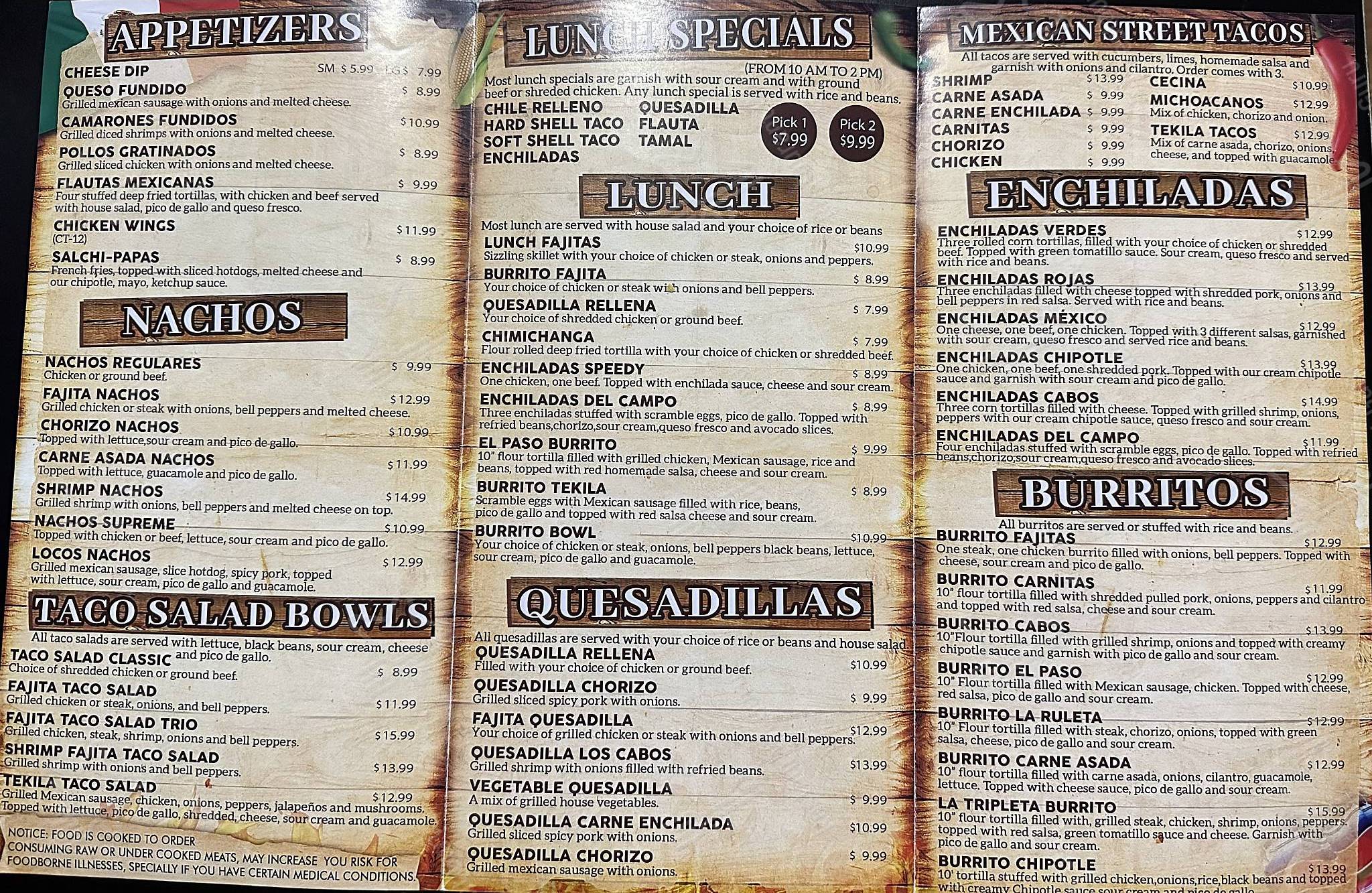 Menu at TEKILAS MEXICAN GRILL & BUKANAS BAR, Pittston